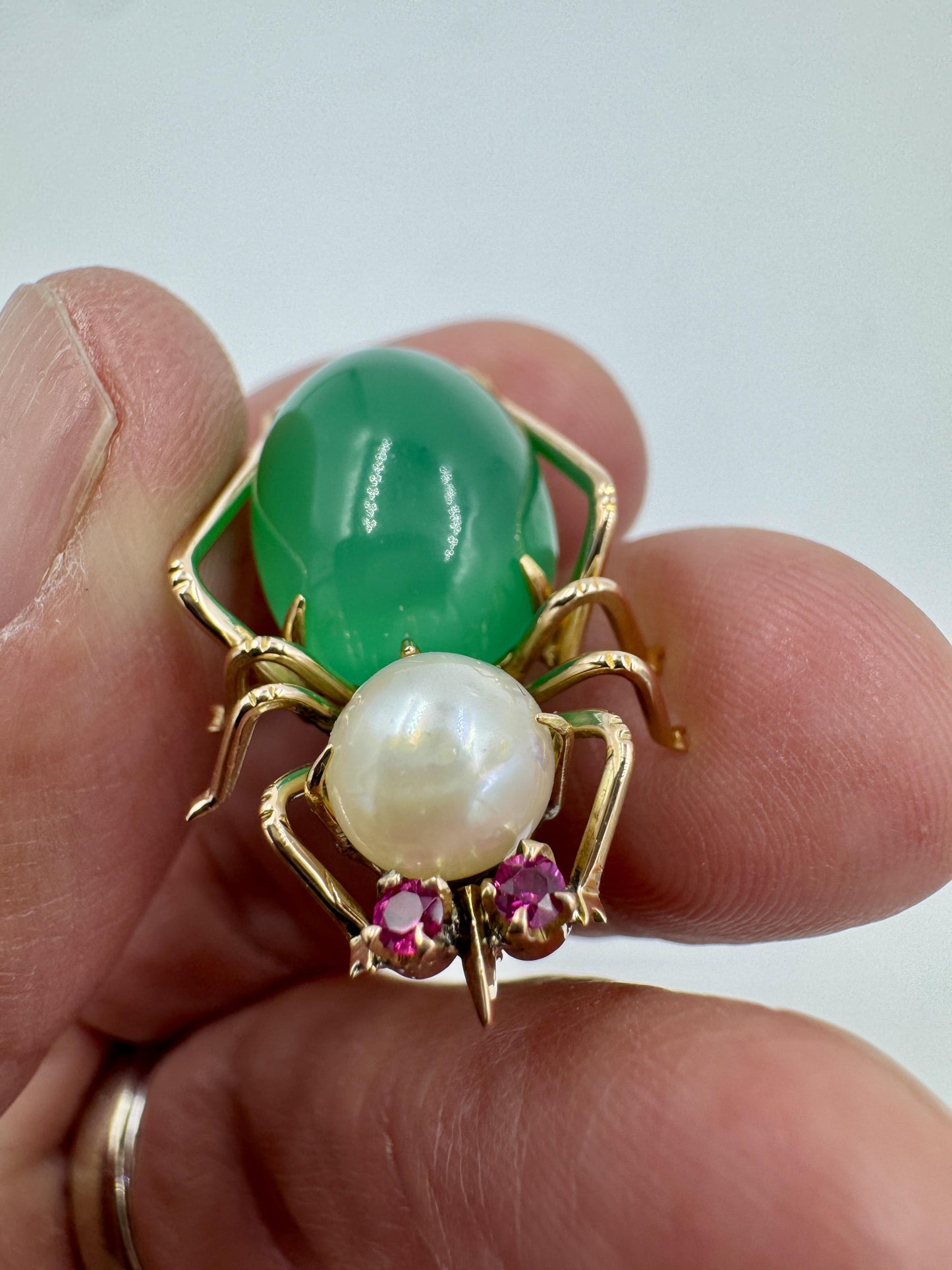 1940's 14k Gold Beatle Chrysoprase Pearl Brooch Pin