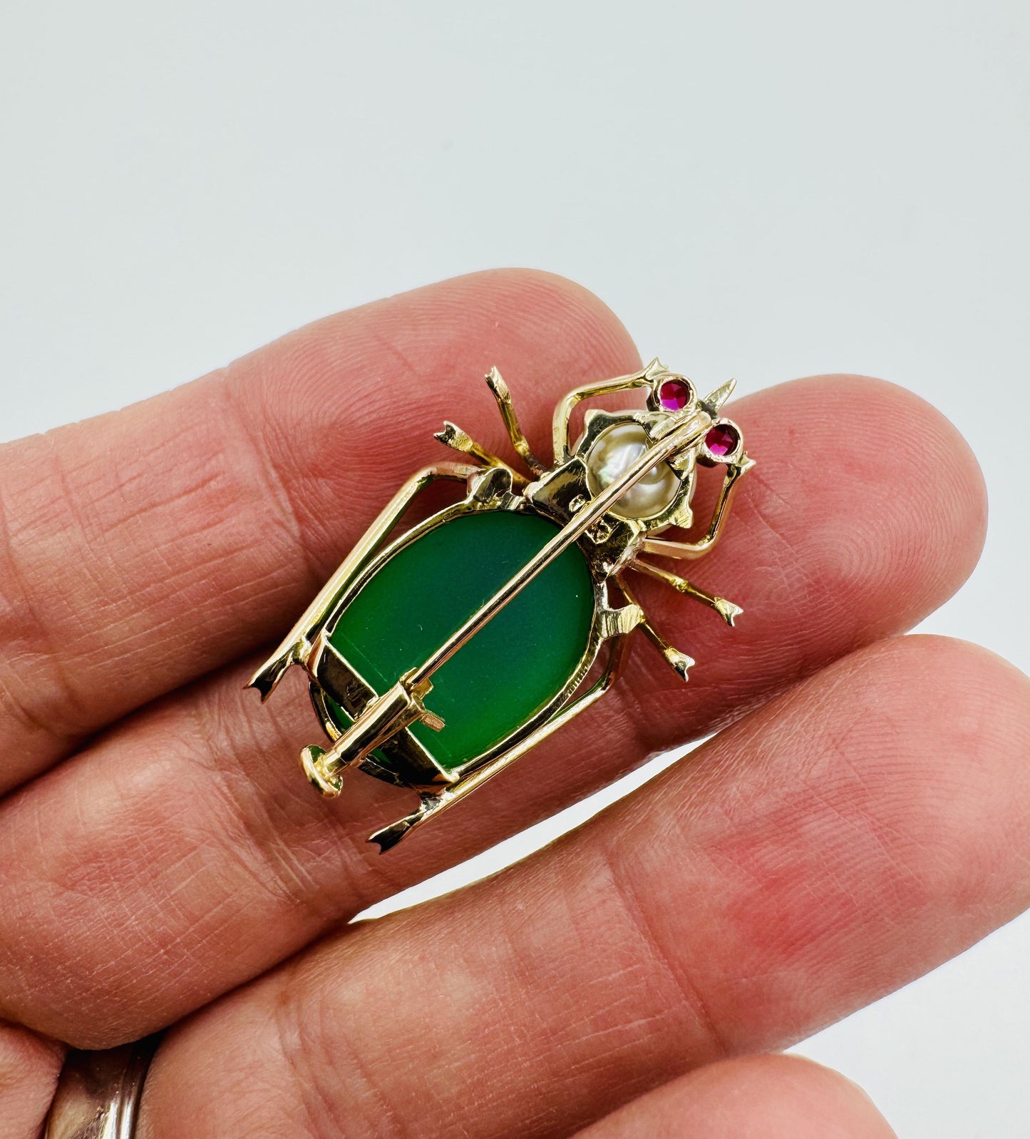 1940's 14k Gold Beatle Chrysoprase Pearl Brooch Pin