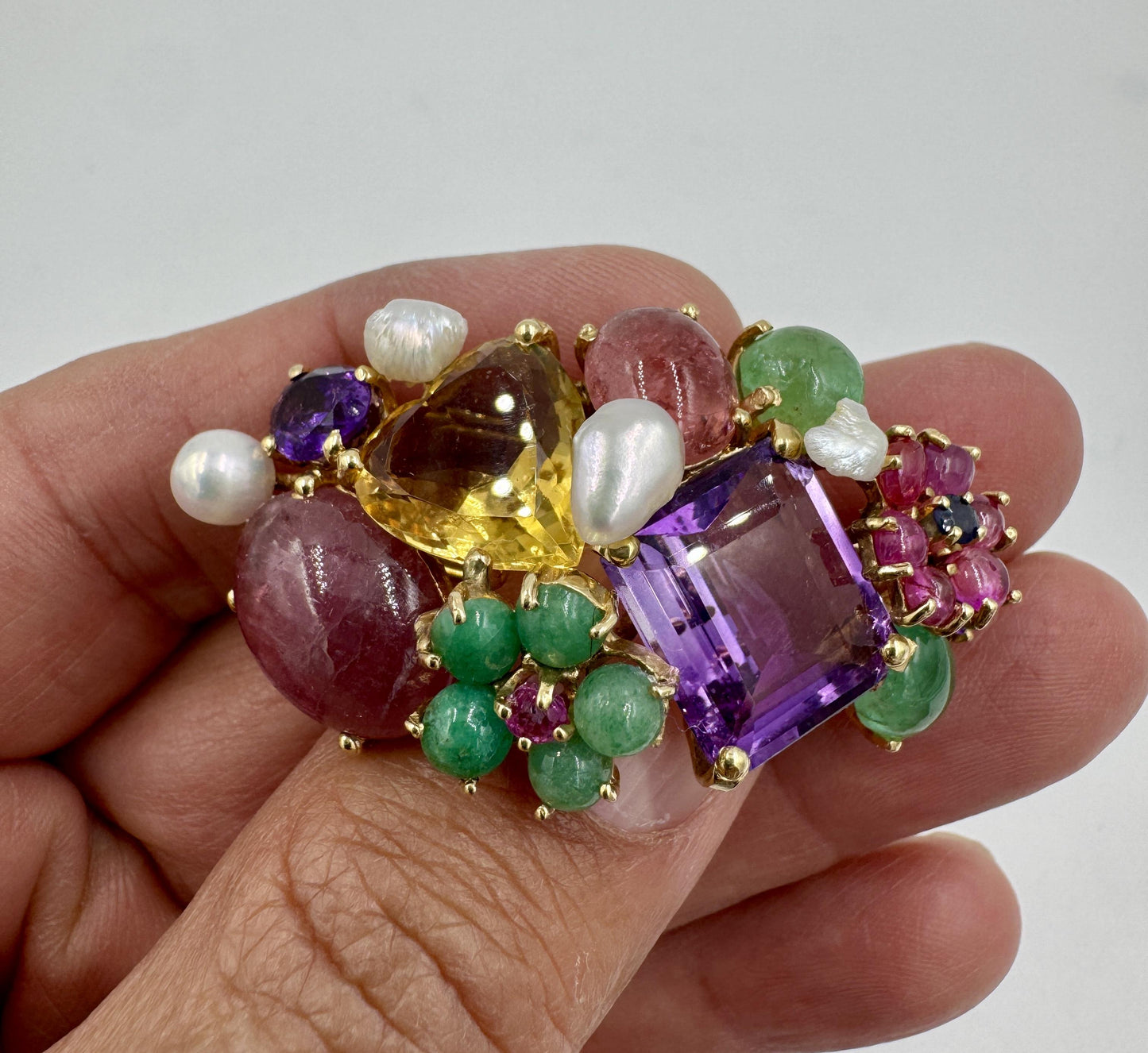 1950's 14k Yellow Gold Multi Gemstone Brooch pin