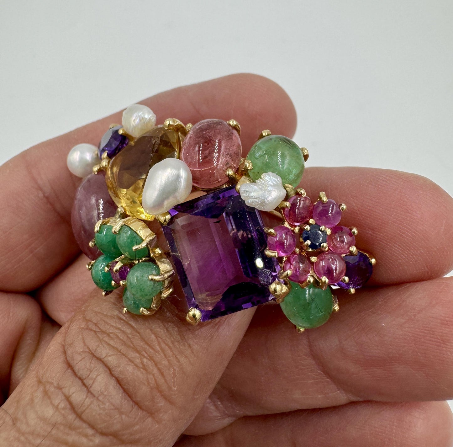 1950's 14k Yellow Gold Multi Gemstone Brooch pin