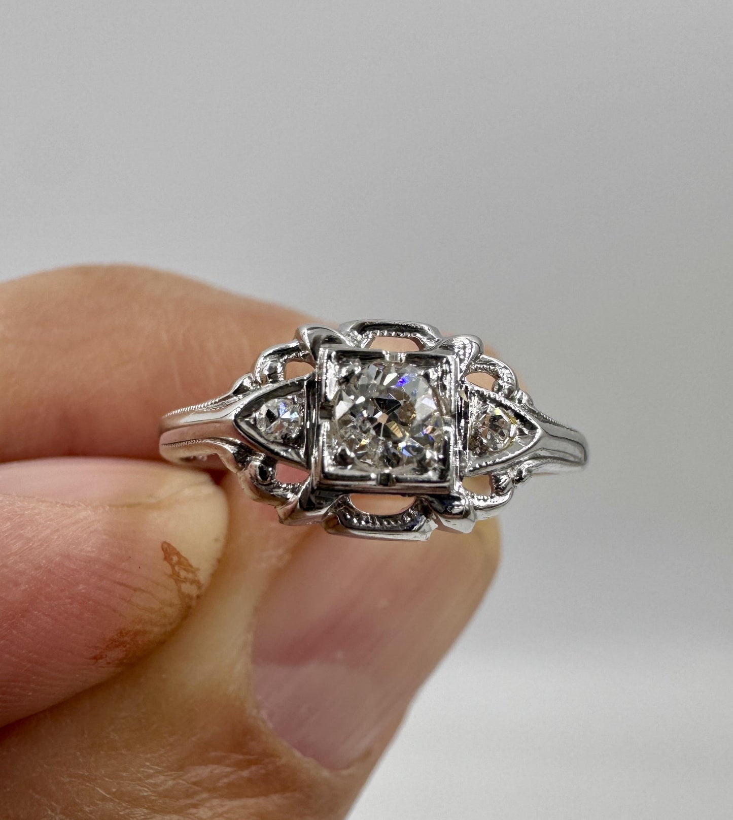 Art Deco 18k White Gold Old European Cut Diamond Ring