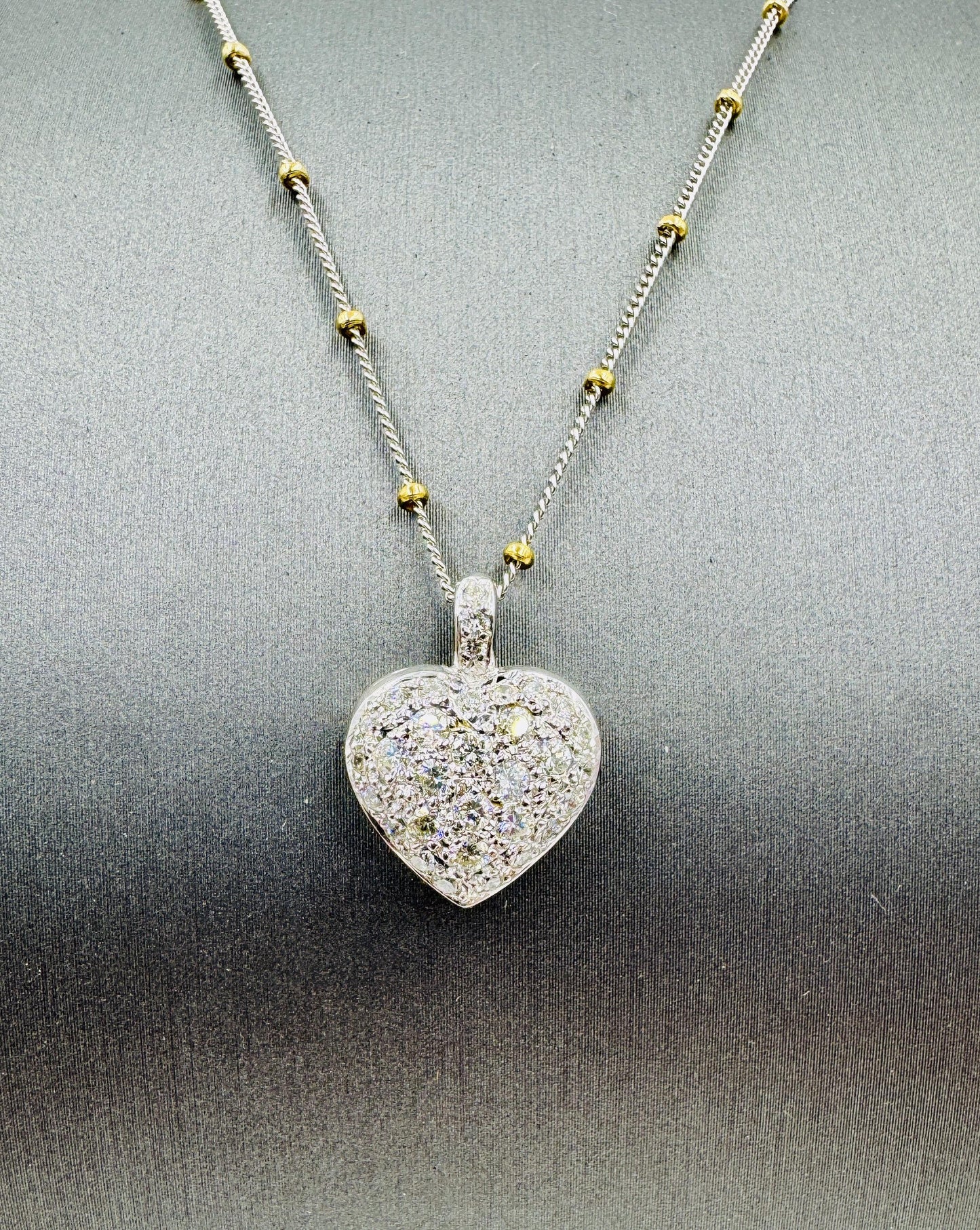 14k White Gold Diamond Pave Heart Pendant Bead Necklace