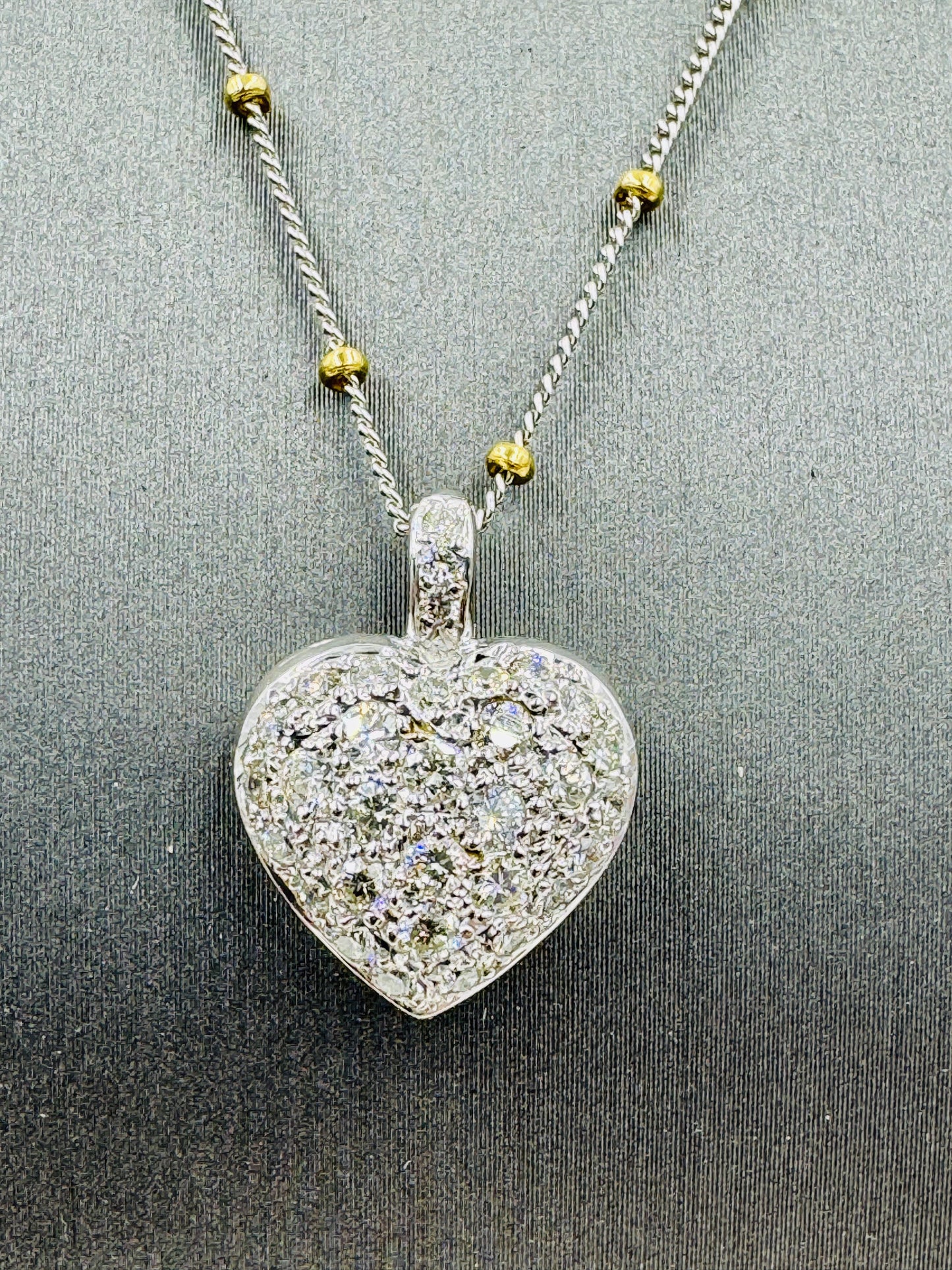 14k White Gold Diamond Pave Heart Pendant Bead Necklace