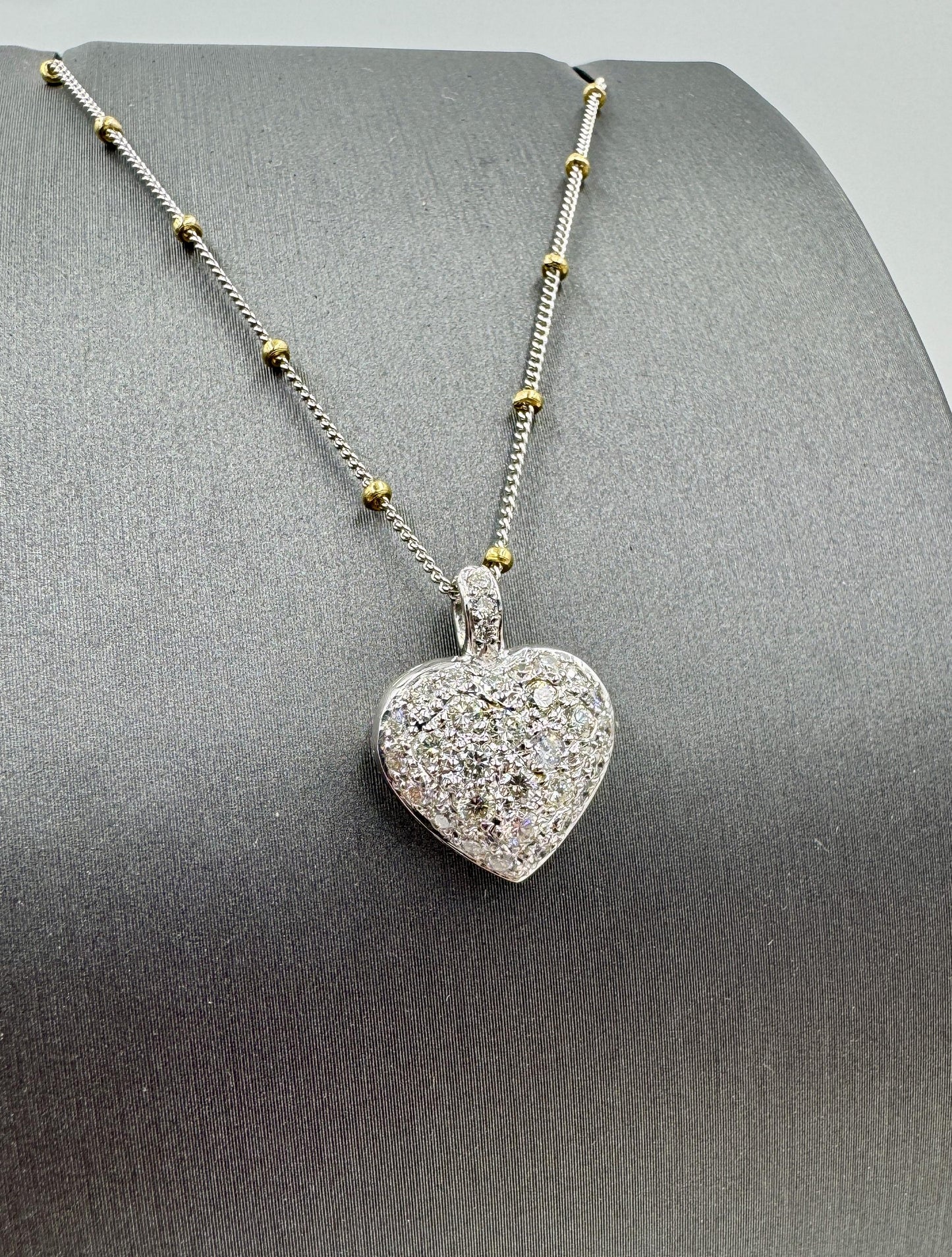 14k White Gold Diamond Pave Heart Pendant Bead Necklace
