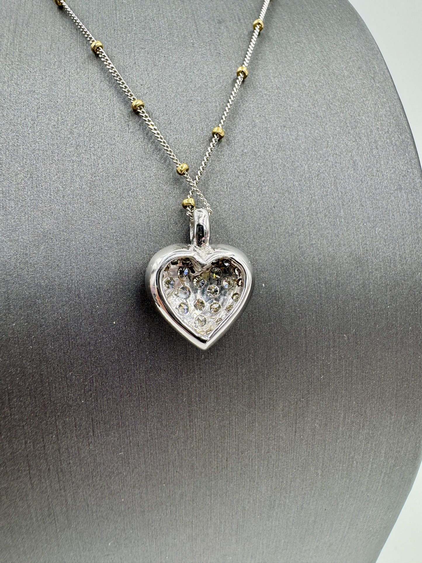 14k White Gold Diamond Pave Heart Pendant Bead Necklace