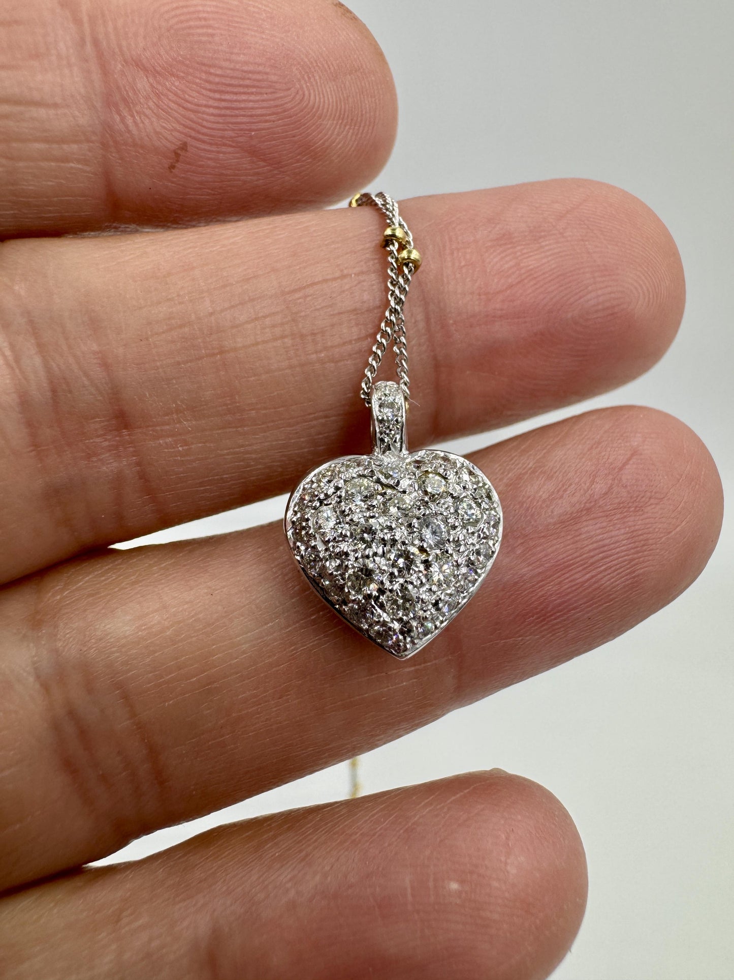 14k White Gold Diamond Pave Heart Pendant Bead Necklace