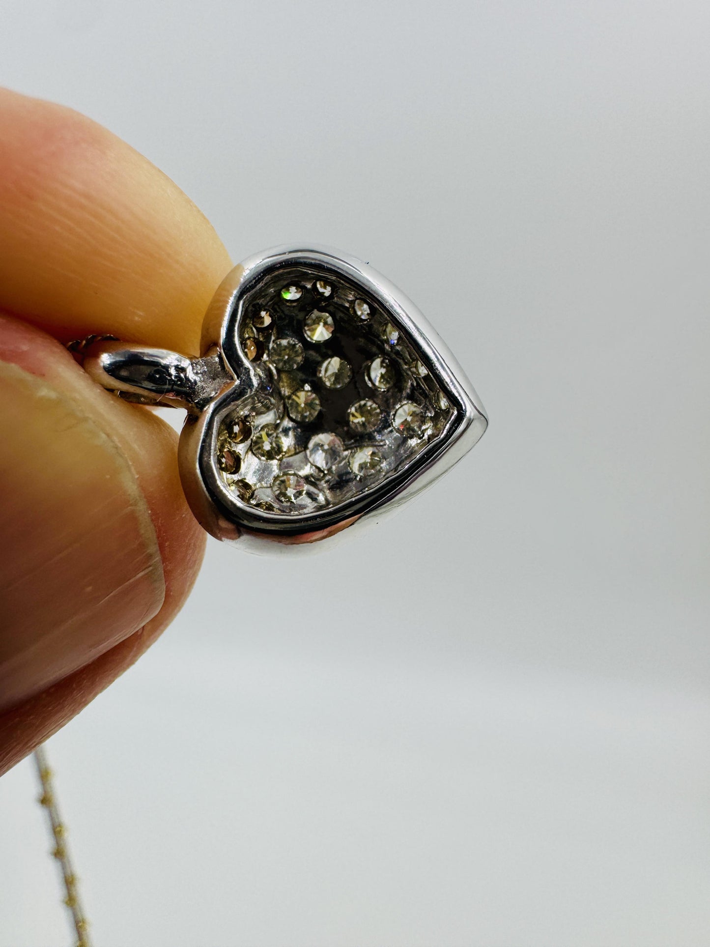 14k White Gold Diamond Pave Heart Pendant Bead Necklace