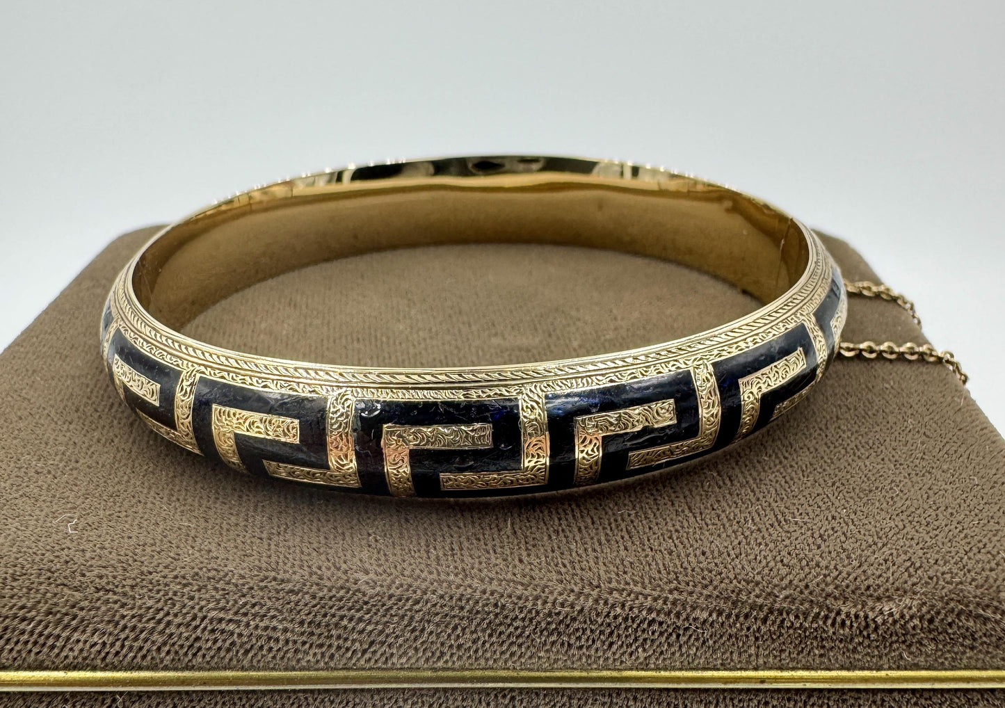 Antique Gold Filled Black Enamel Hinged Bangle Hand Etched