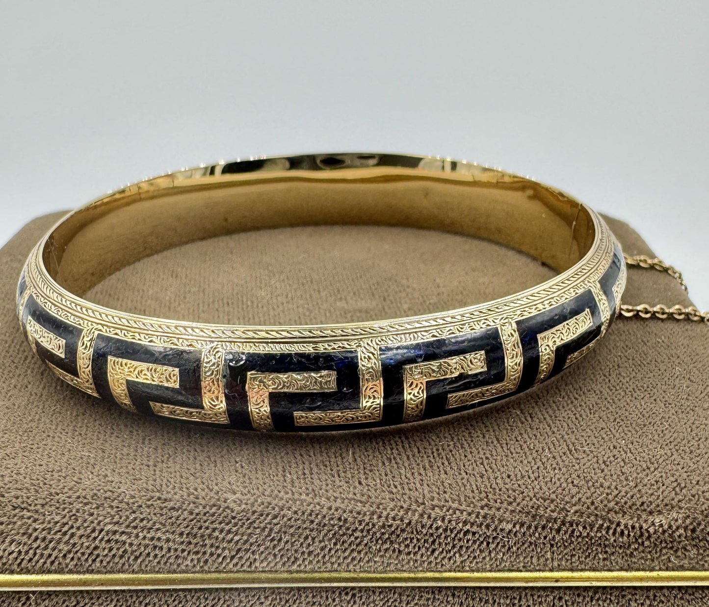 Antique Gold Filled Black Enamel Hinged Bangle Hand Etched