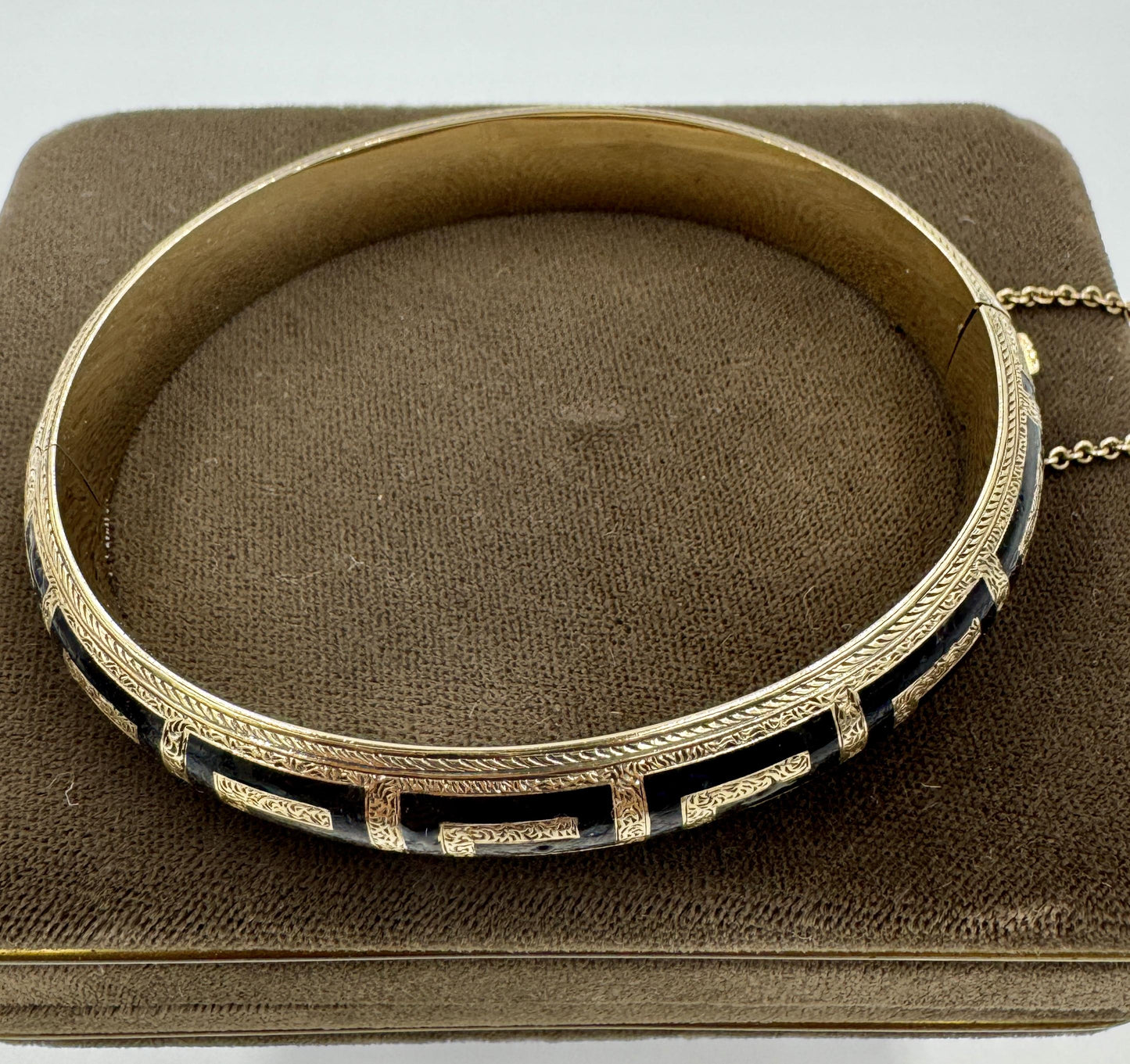 Antique Gold Filled Black Enamel Hinged Bangle Hand Etched