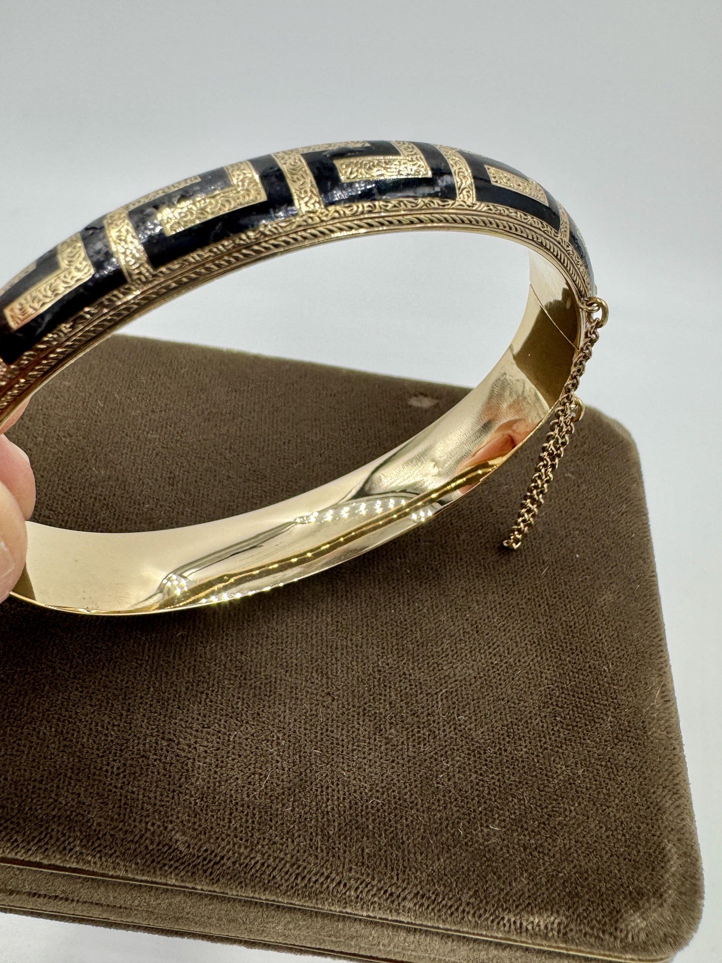 Antique Gold Filled Black Enamel Hinged Bangle Hand Etched