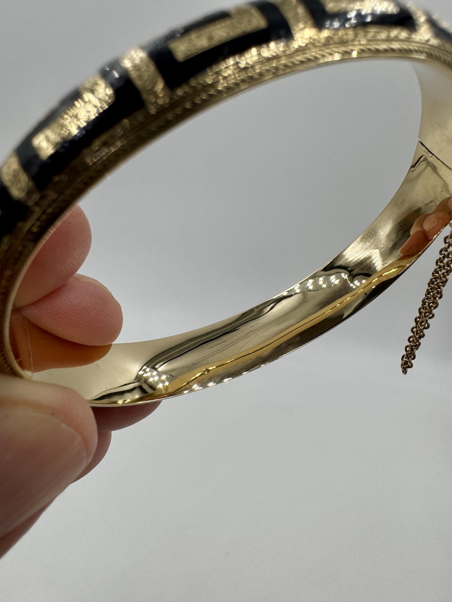 Antique Gold Filled Black Enamel Hinged Bangle Hand Etched