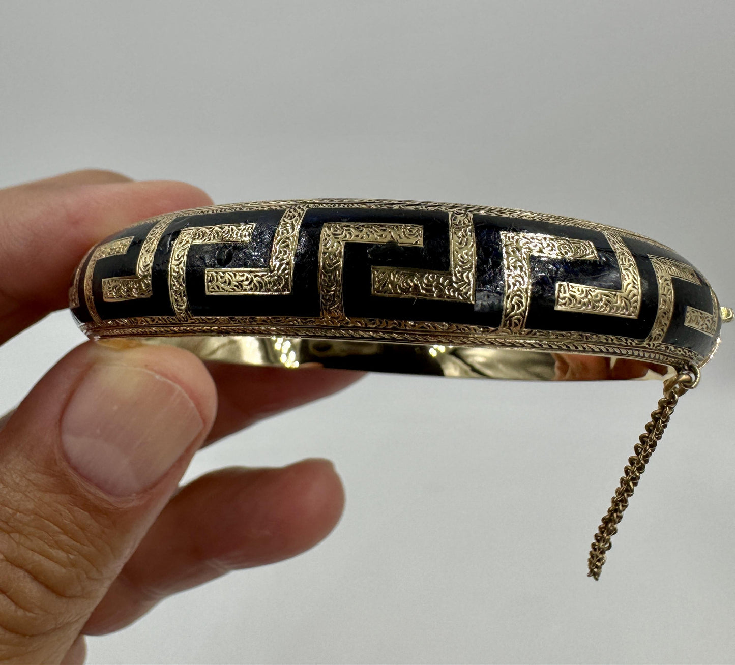 Antique Gold Filled Black Enamel Hinged Bangle Hand Etched