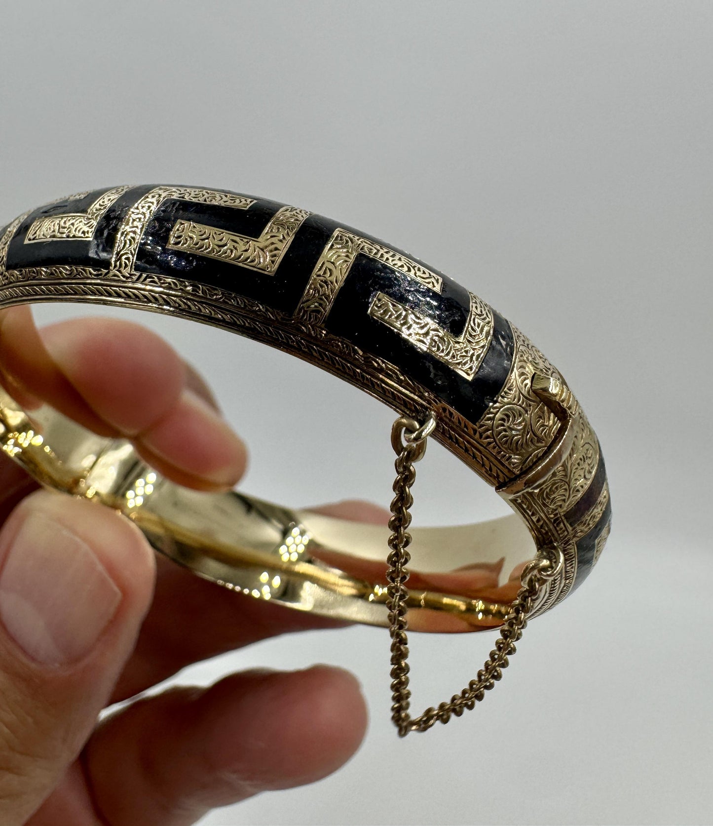 Antique Gold Filled Black Enamel Hinged Bangle Hand Etched