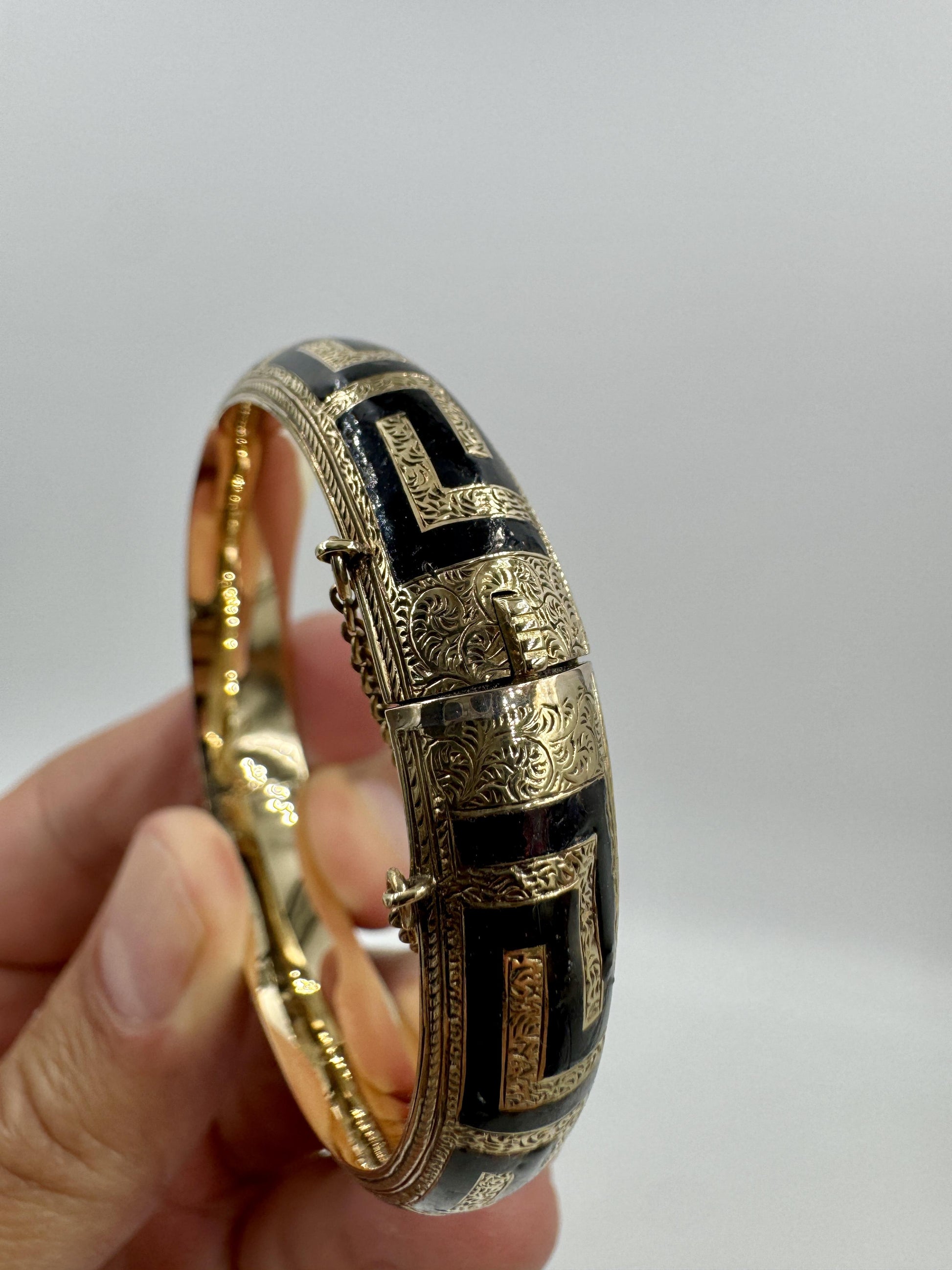 Antique Gold Filled Black Enamel Hinged Bangle Hand Etched
