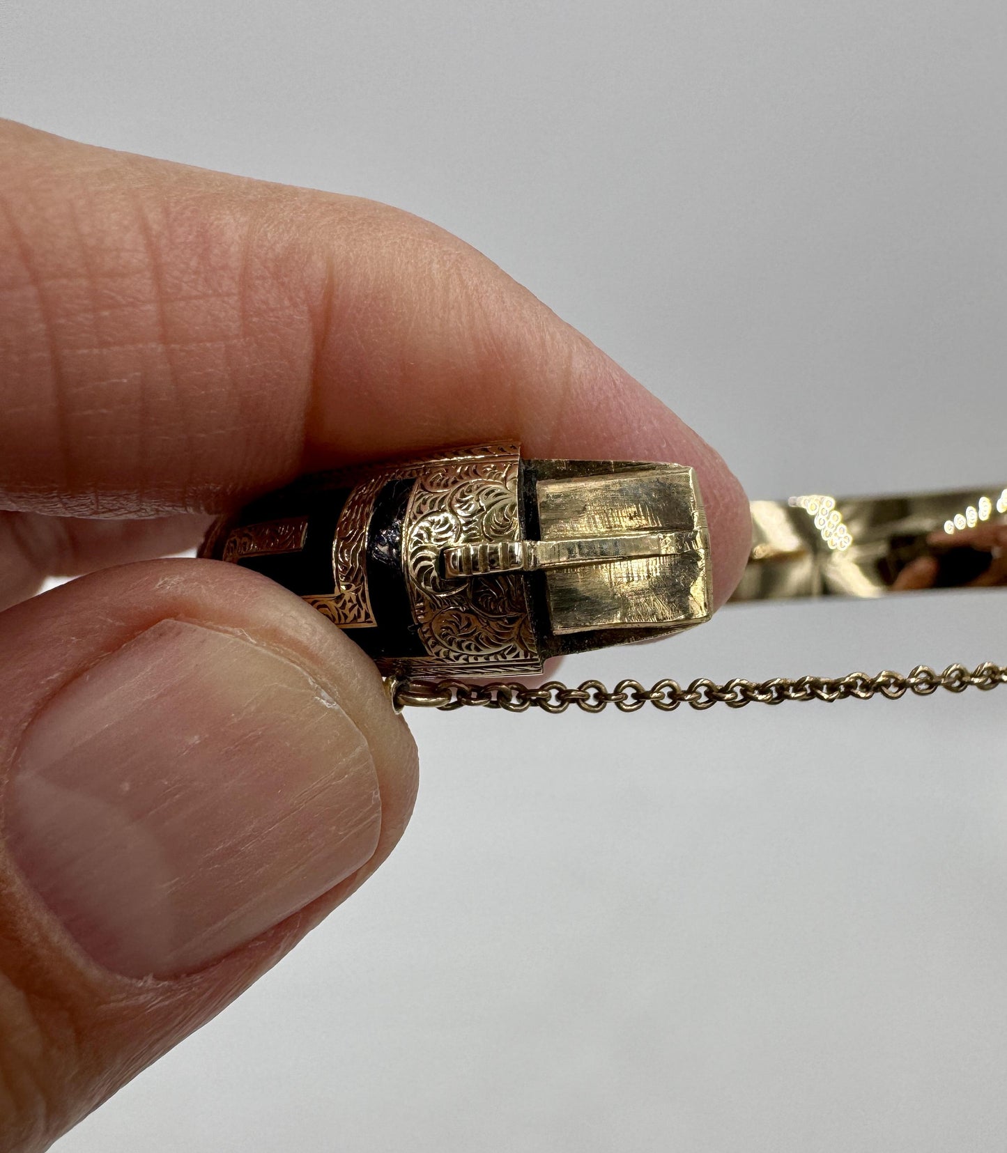 Antique Gold Filled Black Enamel Hinged Bangle Hand Etched