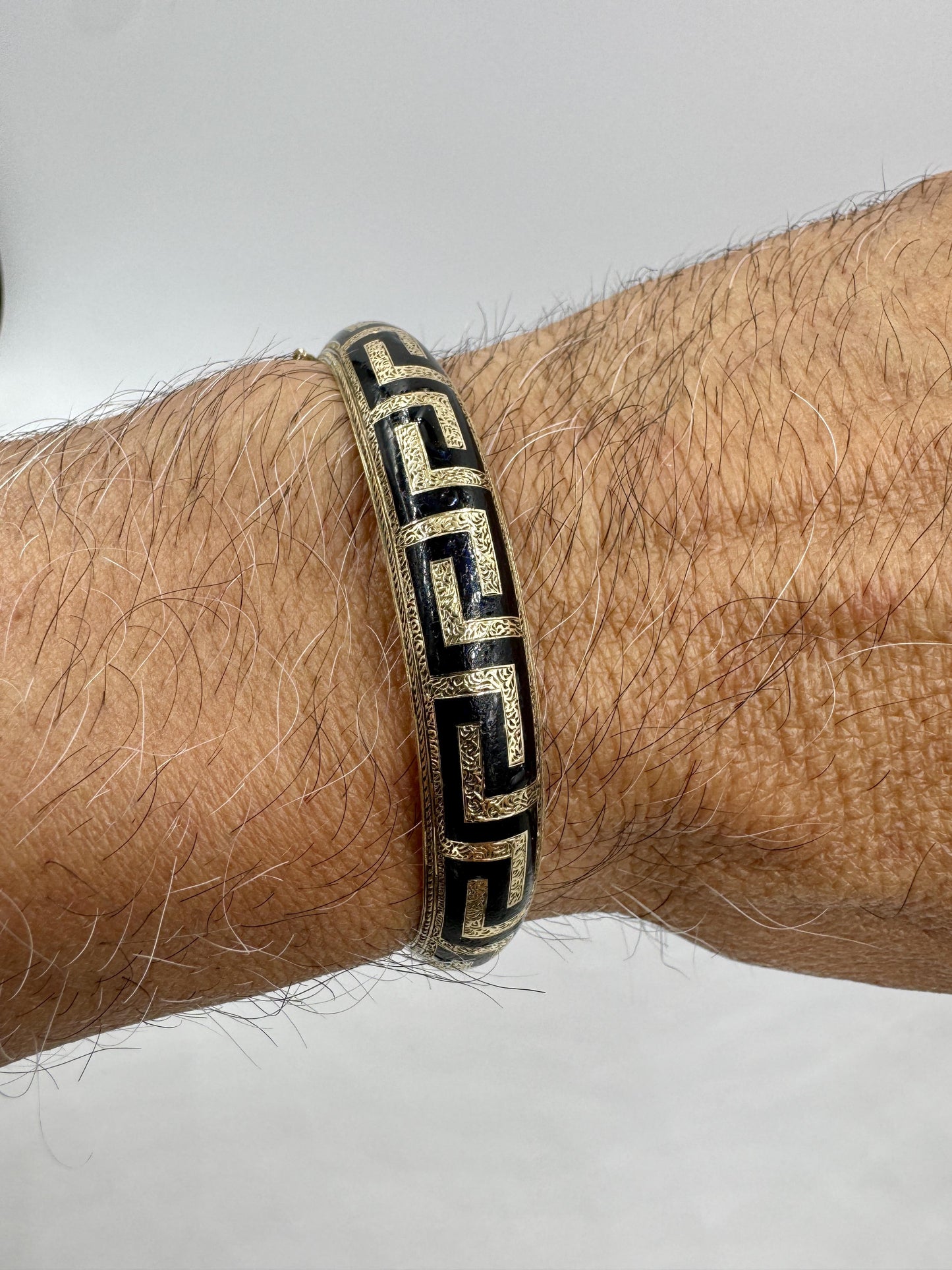 Antique Gold Filled Black Enamel Hinged Bangle Hand Etched