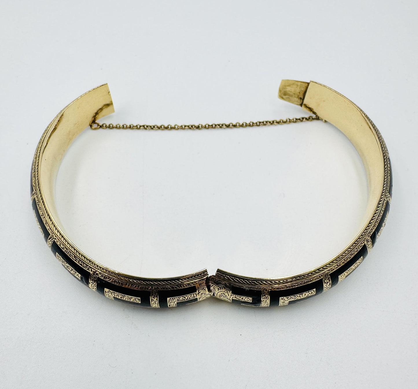 Antique Gold Filled Black Enamel Hinged Bangle Hand Etched