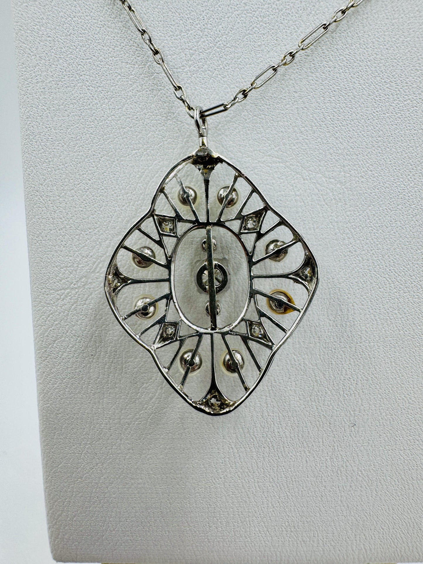 Edwardian Platinum Diamond Pearl Pendant Necklace