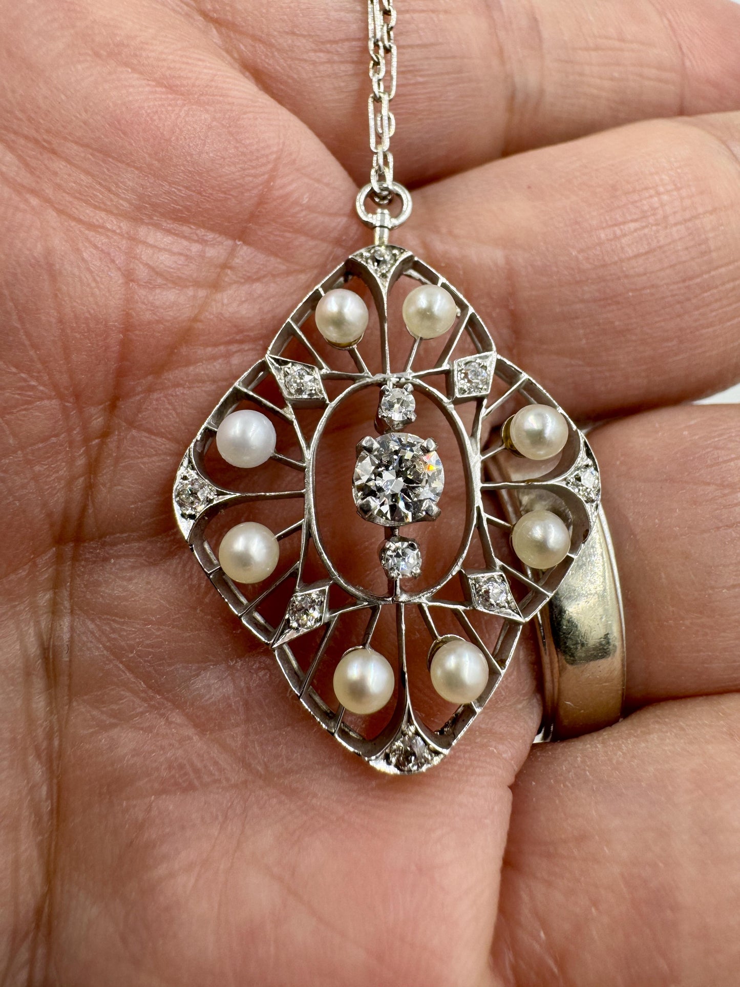 Edwardian Platinum Diamond Pearl Pendant Necklace