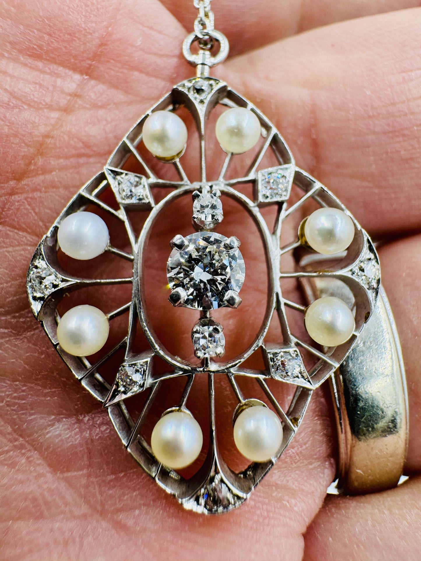Edwardian Platinum Diamond Pearl Pendant Necklace
