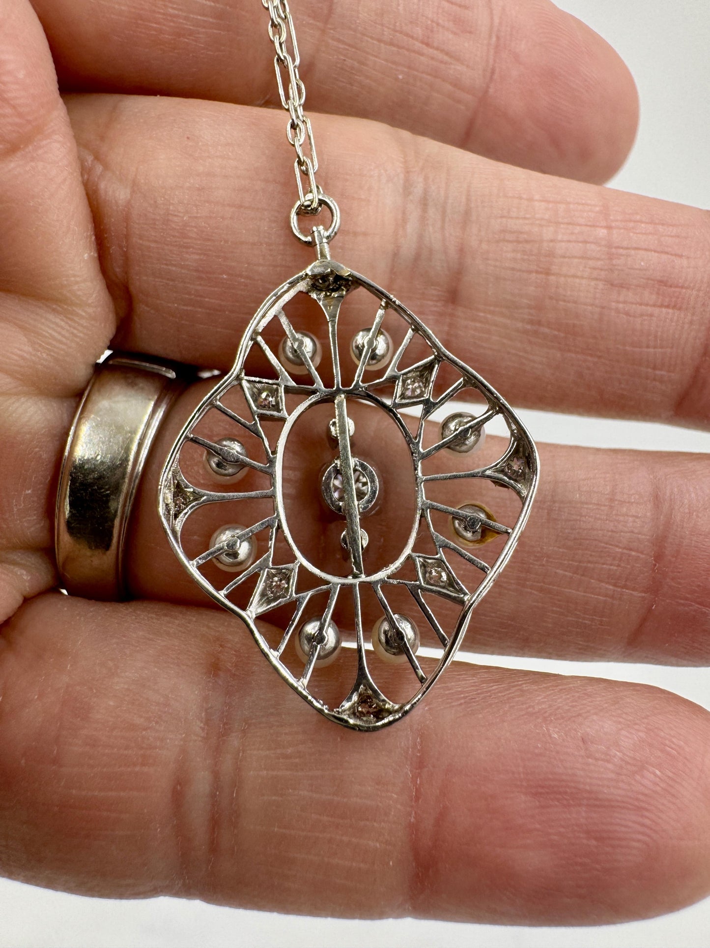 Edwardian Platinum Diamond Pearl Pendant Necklace