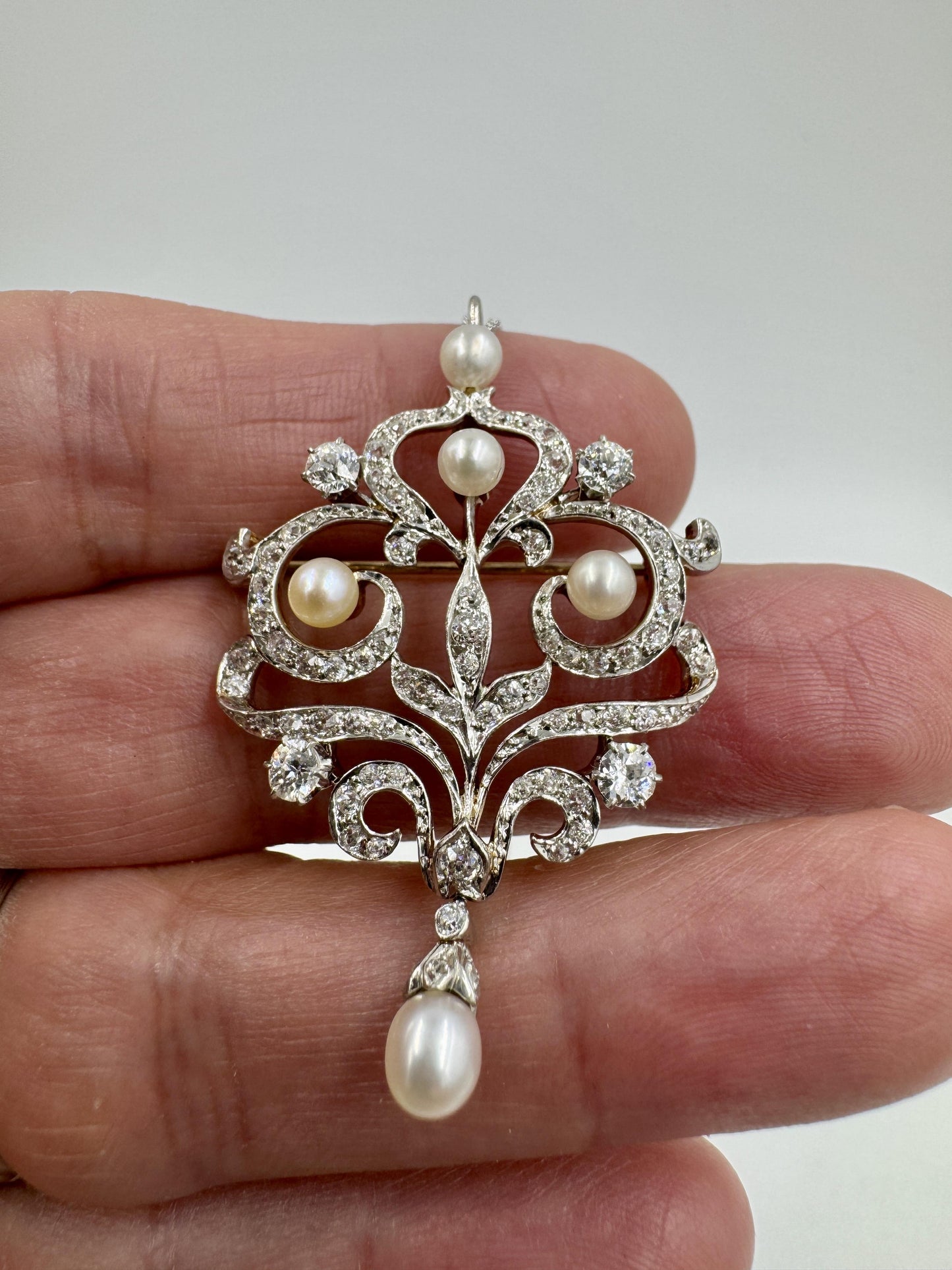 Edwardian Platinum and 14k Gold Diamond Pendant Brooch Necklace Combo