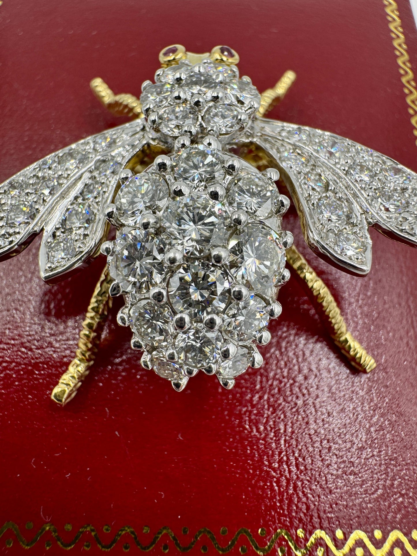 Vintage Herbert Rosenthal 18K Gold Diamond Ruby Eyes Bumble Bee XL Brooch Pin