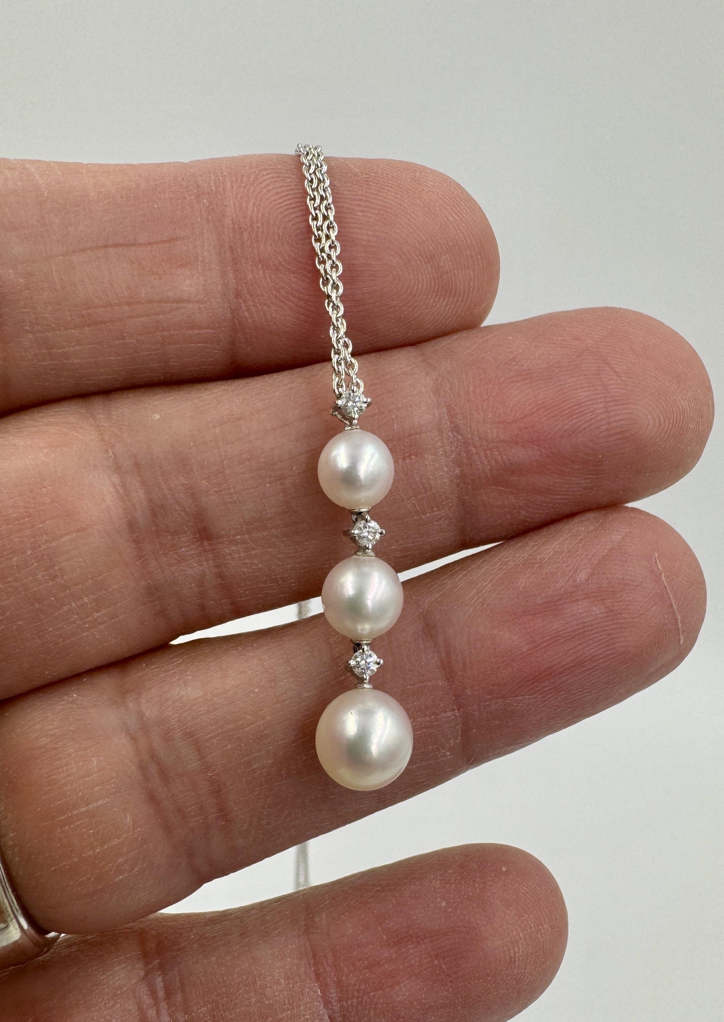 Mikimoto 18k White Gold Diamond and Pearl Drop Pendant 18"