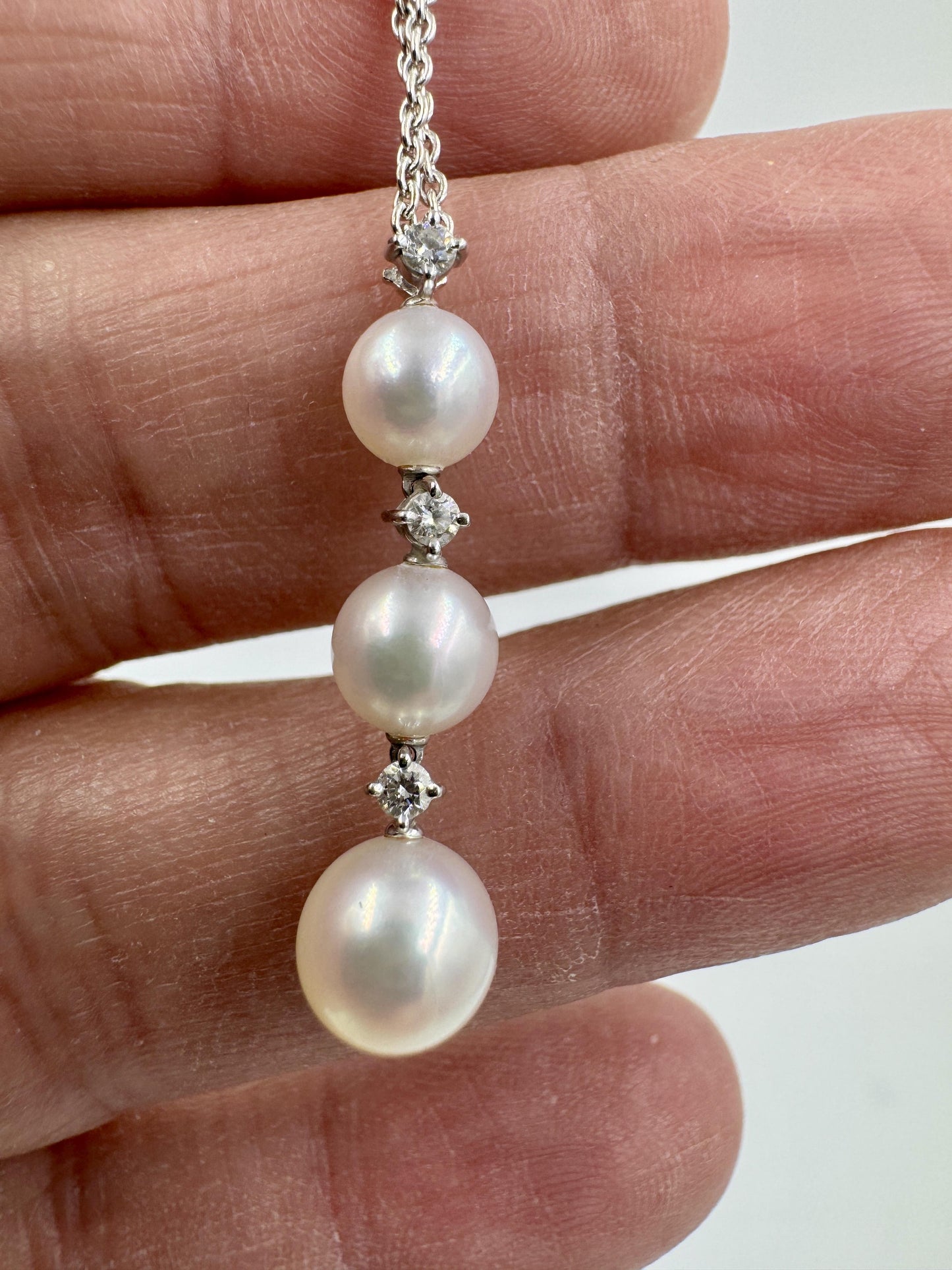 Mikimoto 18k White Gold Diamond and Pearl Drop Pendant 18"