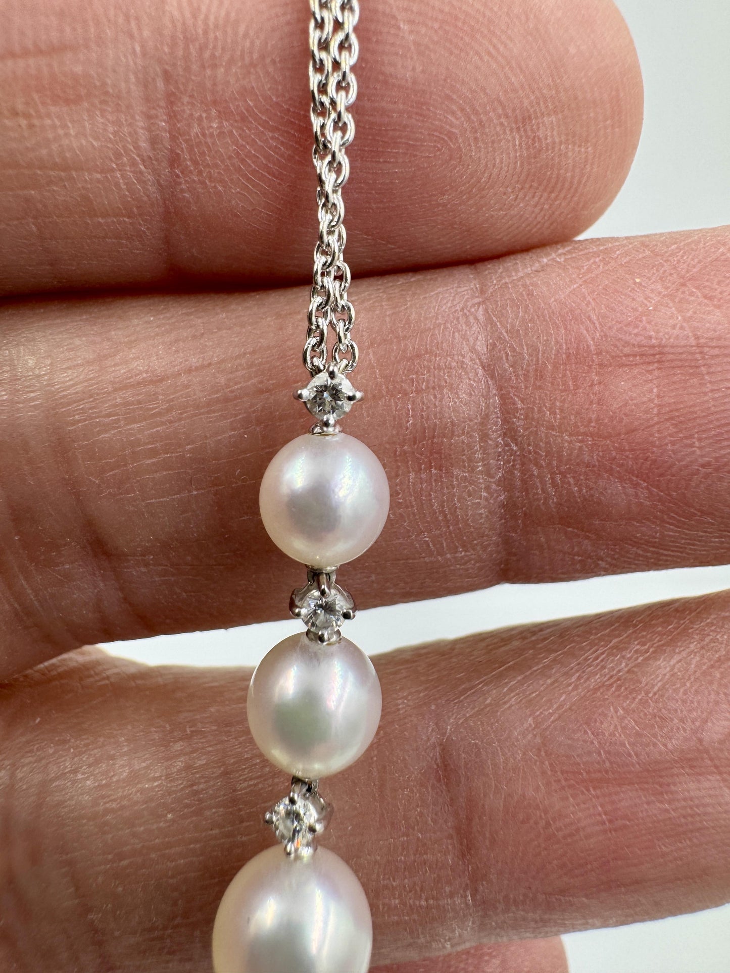 Mikimoto 18k White Gold Diamond and Pearl Drop Pendant 18"