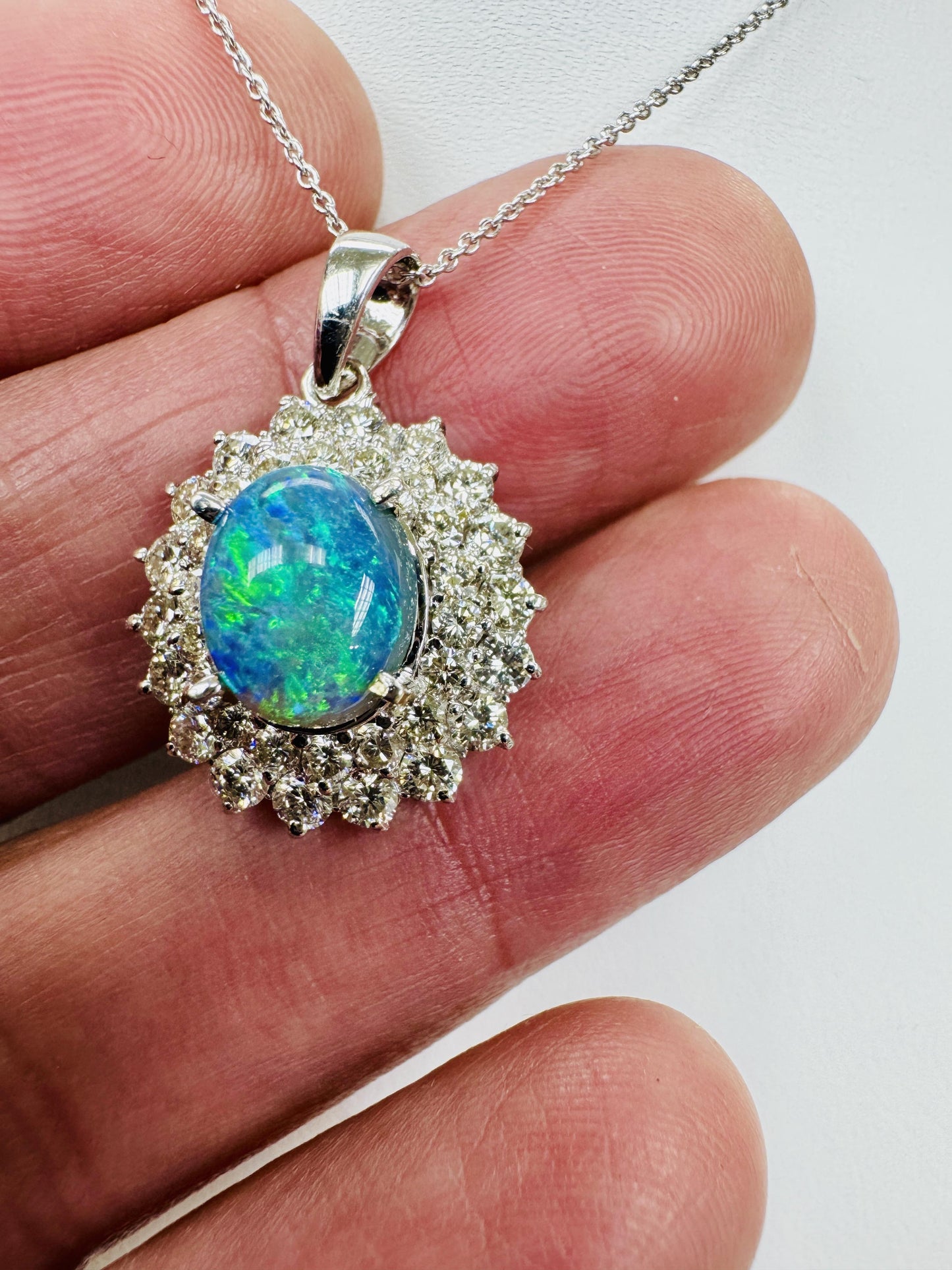 Estate Black Opal Diamond Pendant Necklace 18k White Gold