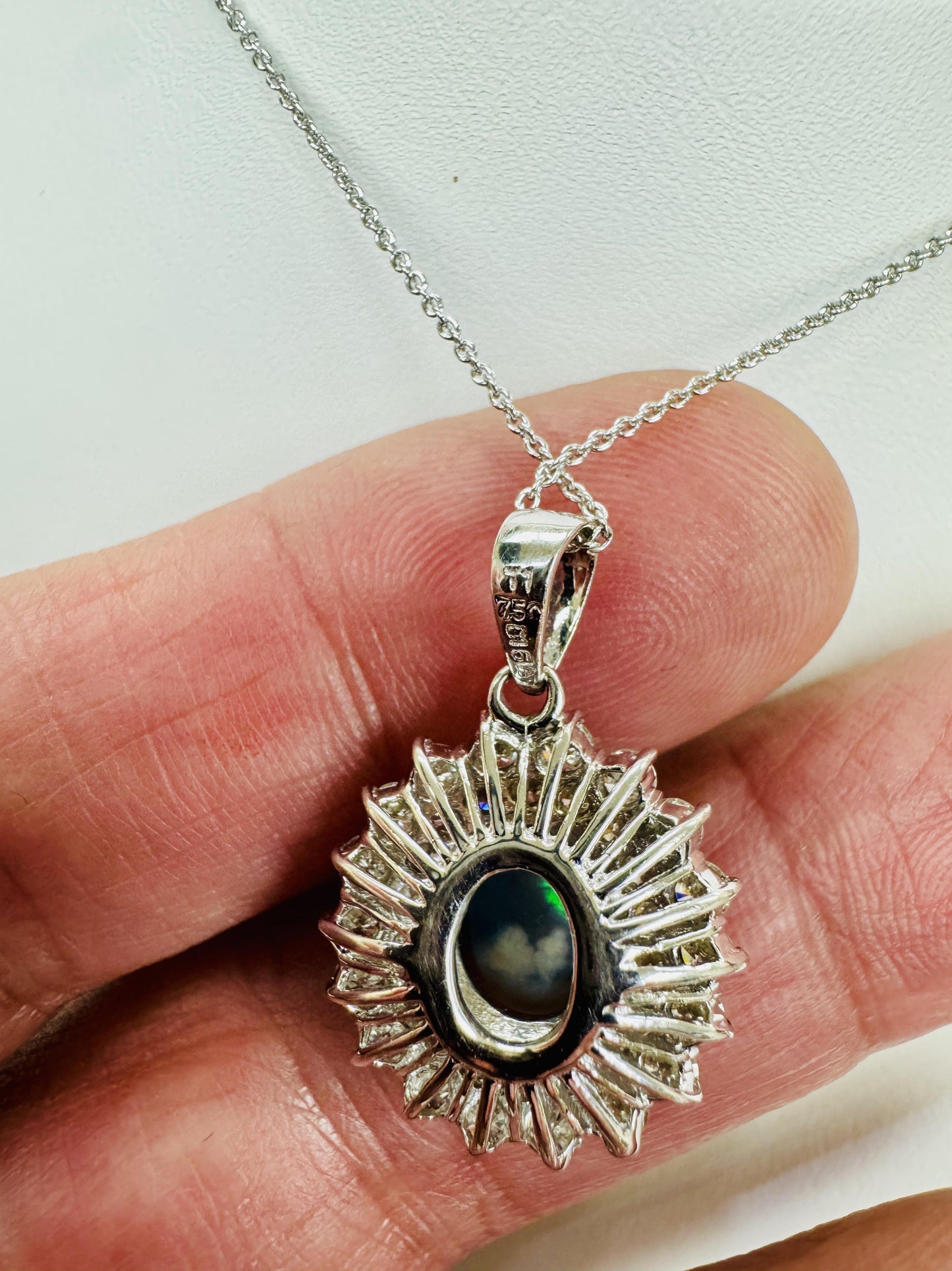 Estate Black Opal Diamond Pendant Necklace 18k White Gold