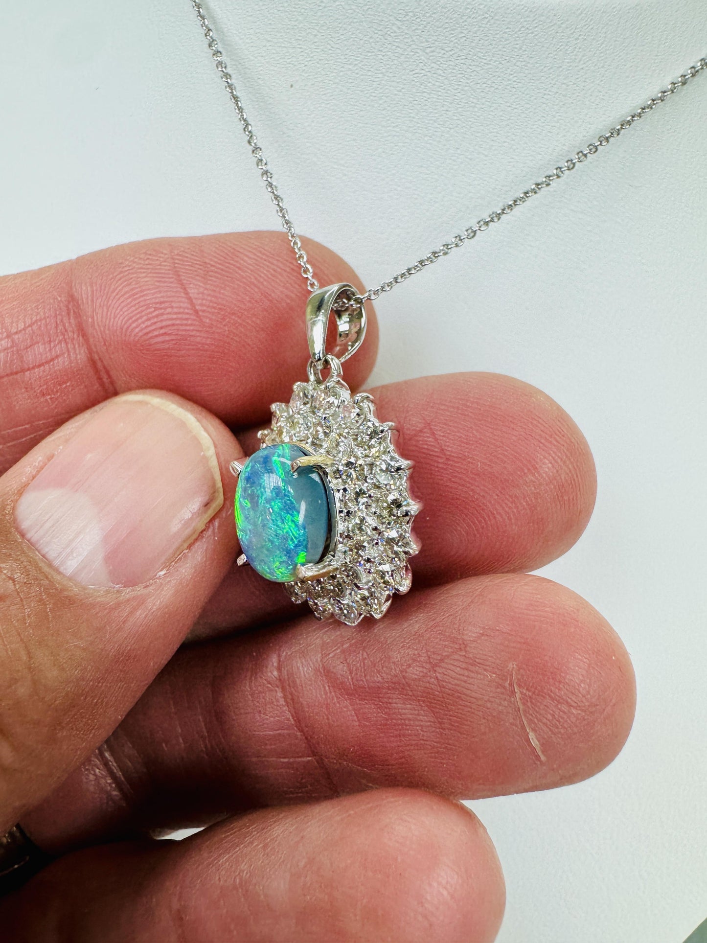 Estate Black Opal Diamond Pendant Necklace 18k White Gold