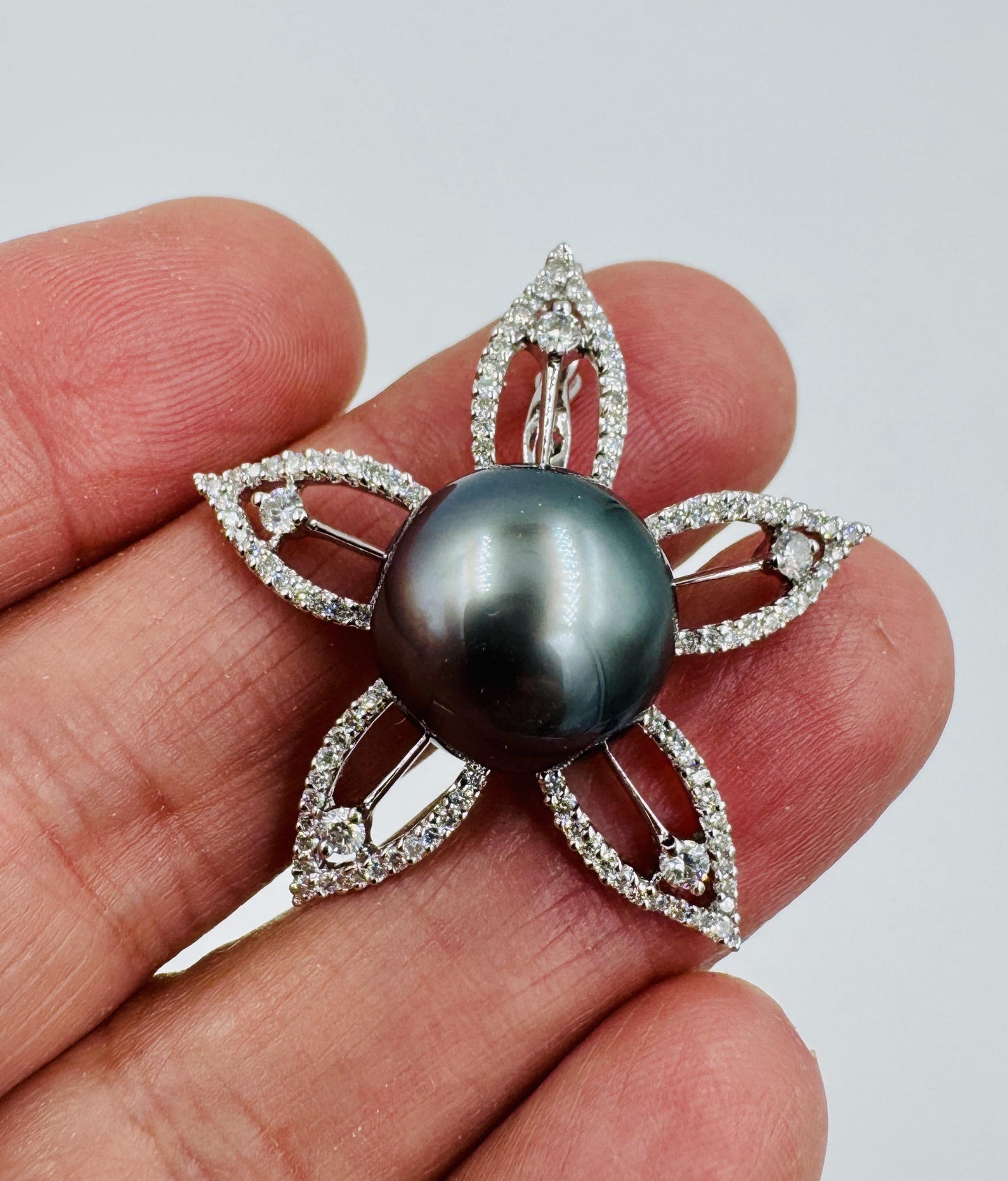 14mm Tahitian Pearl Diamond Flower Pendant Enhancer