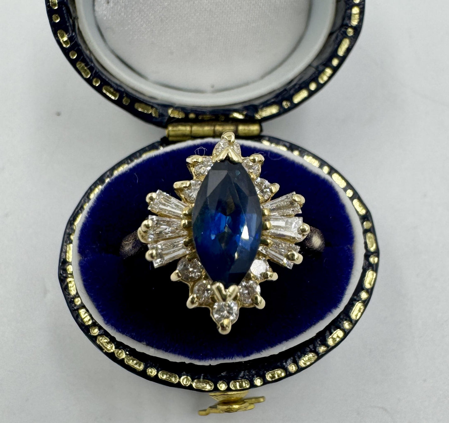 1980s Marquis Sapphire and Diamond 14k Yellow Gold Cocktail Ring