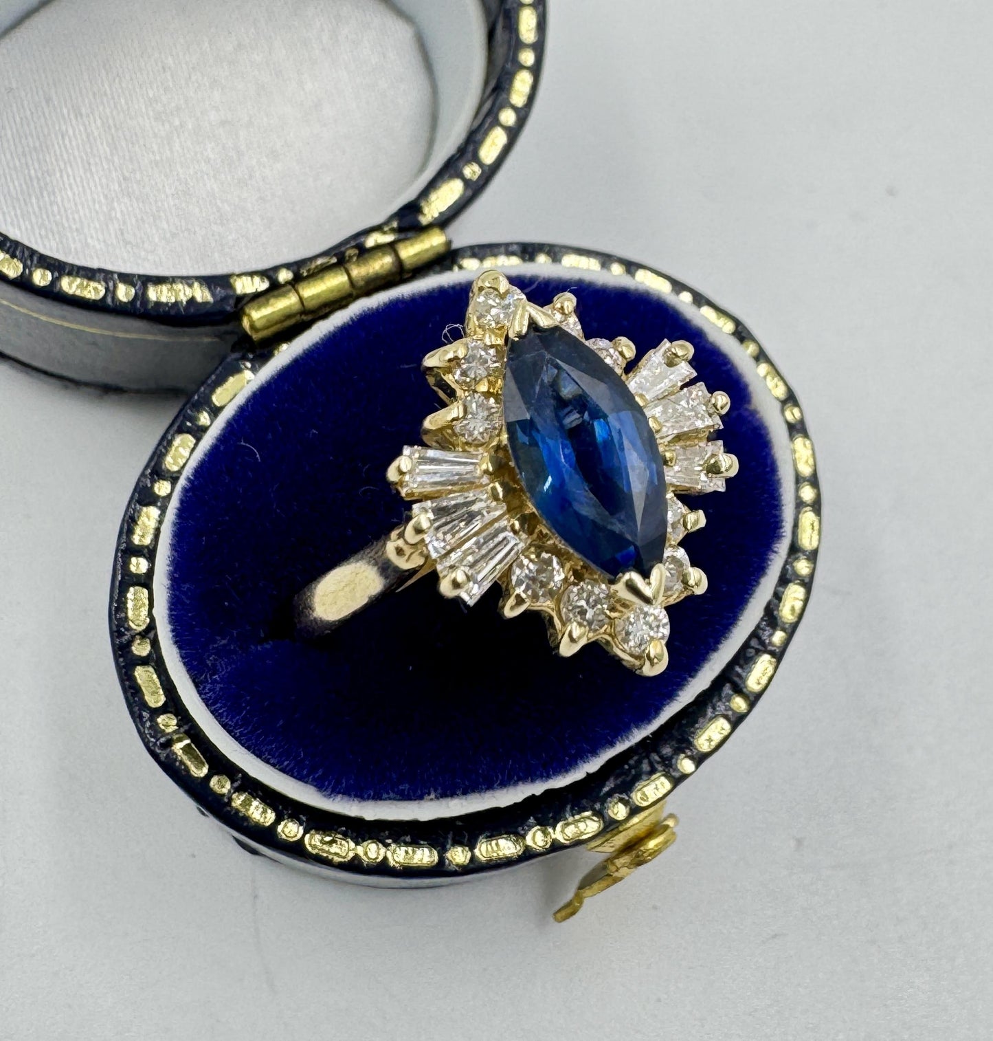 1980s Marquis Sapphire and Diamond 14k Yellow Gold Cocktail Ring