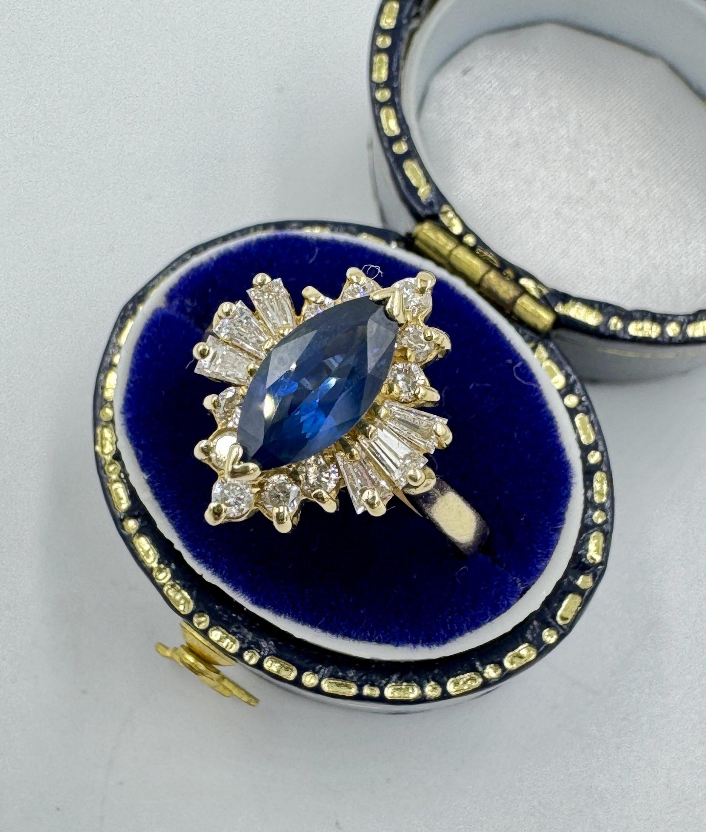 1980s Marquis Sapphire and Diamond 14k Yellow Gold Cocktail Ring