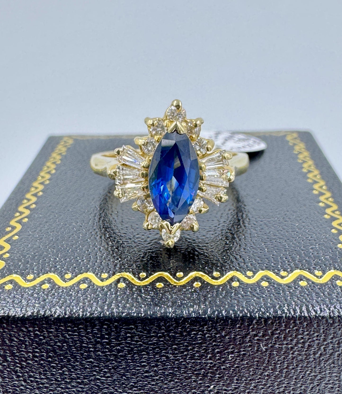 1980s Marquis Sapphire and Diamond 14k Yellow Gold Cocktail Ring