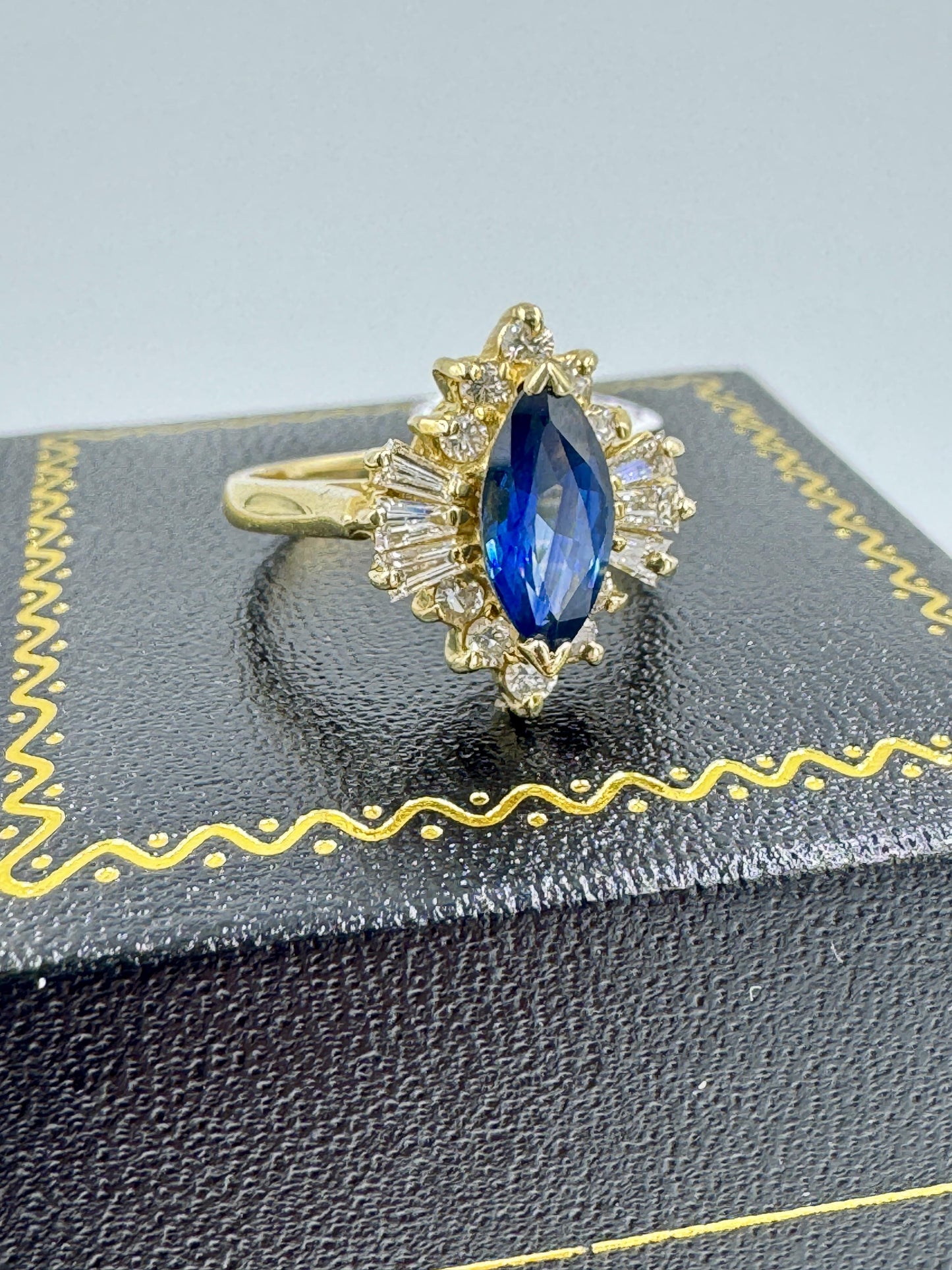 1980s Marquis Sapphire and Diamond 14k Yellow Gold Cocktail Ring