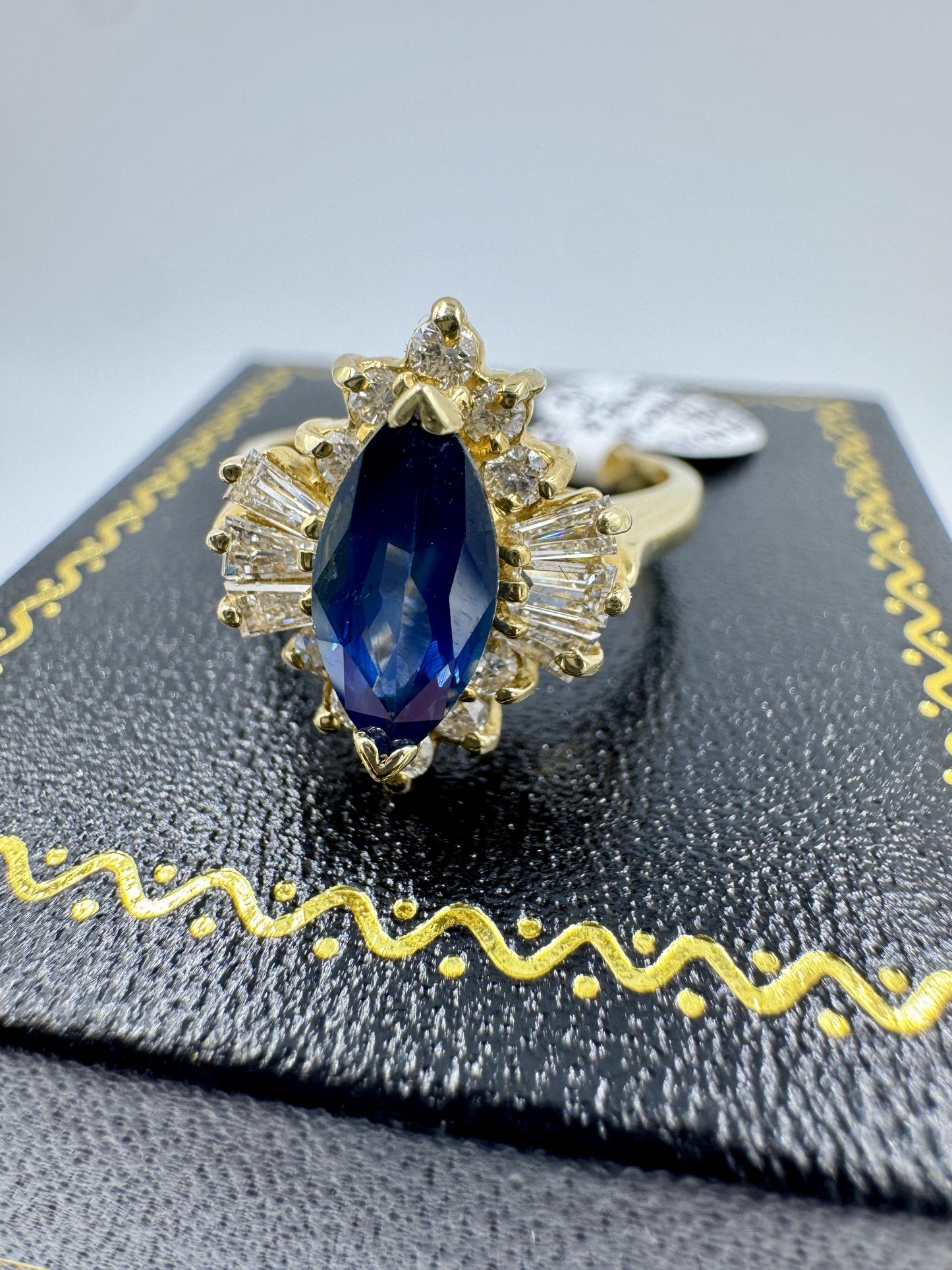 1980s Marquis Sapphire and Diamond 14k Yellow Gold Cocktail Ring