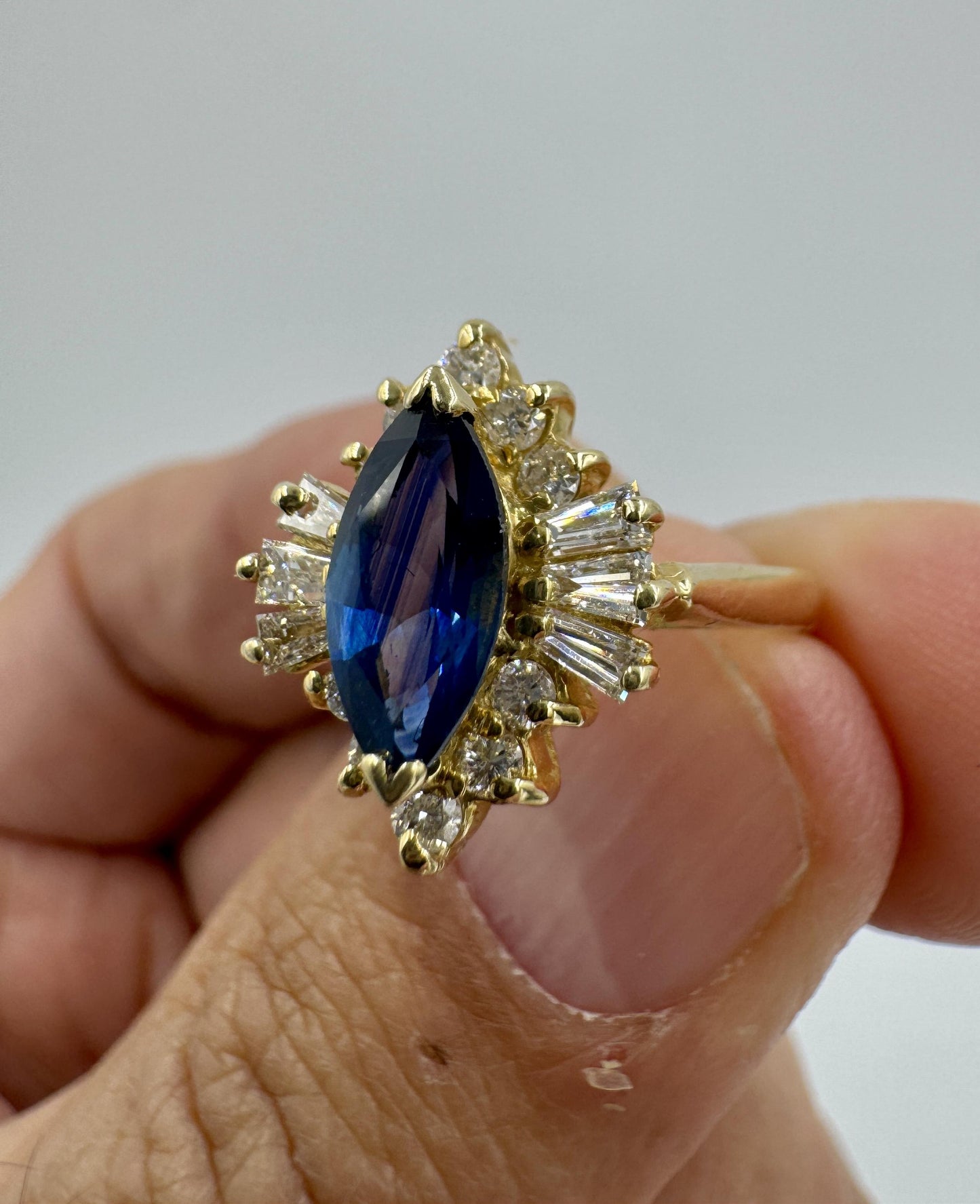 1980s Marquis Sapphire and Diamond 14k Yellow Gold Cocktail Ring