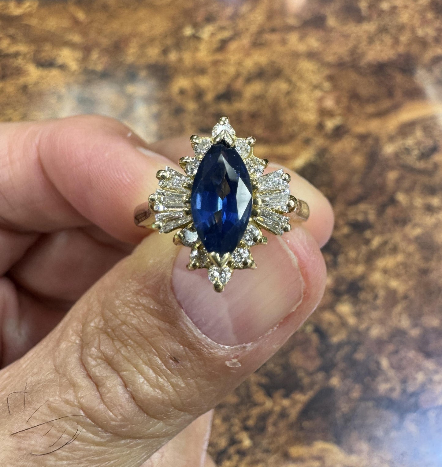 1980s Marquis Sapphire and Diamond 14k Yellow Gold Cocktail Ring