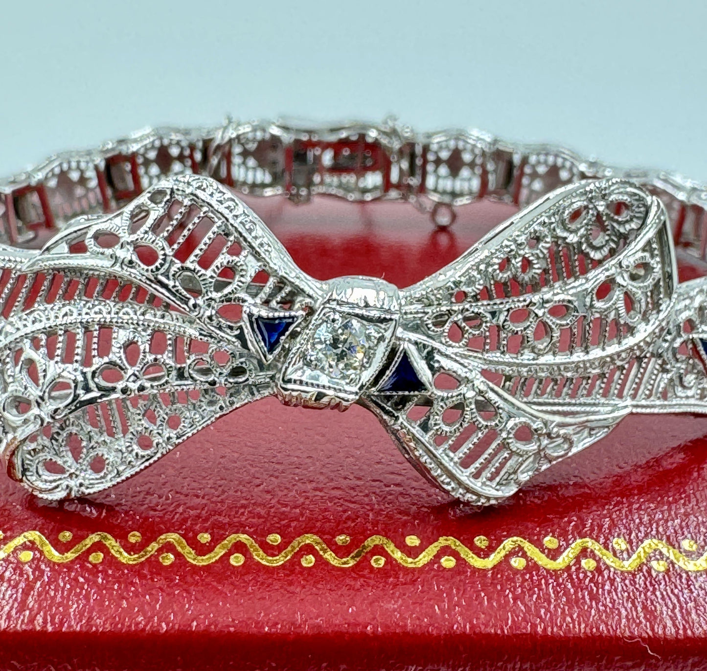 Art Deco 10k White Gold Filigree Diamond Bow Bracelet