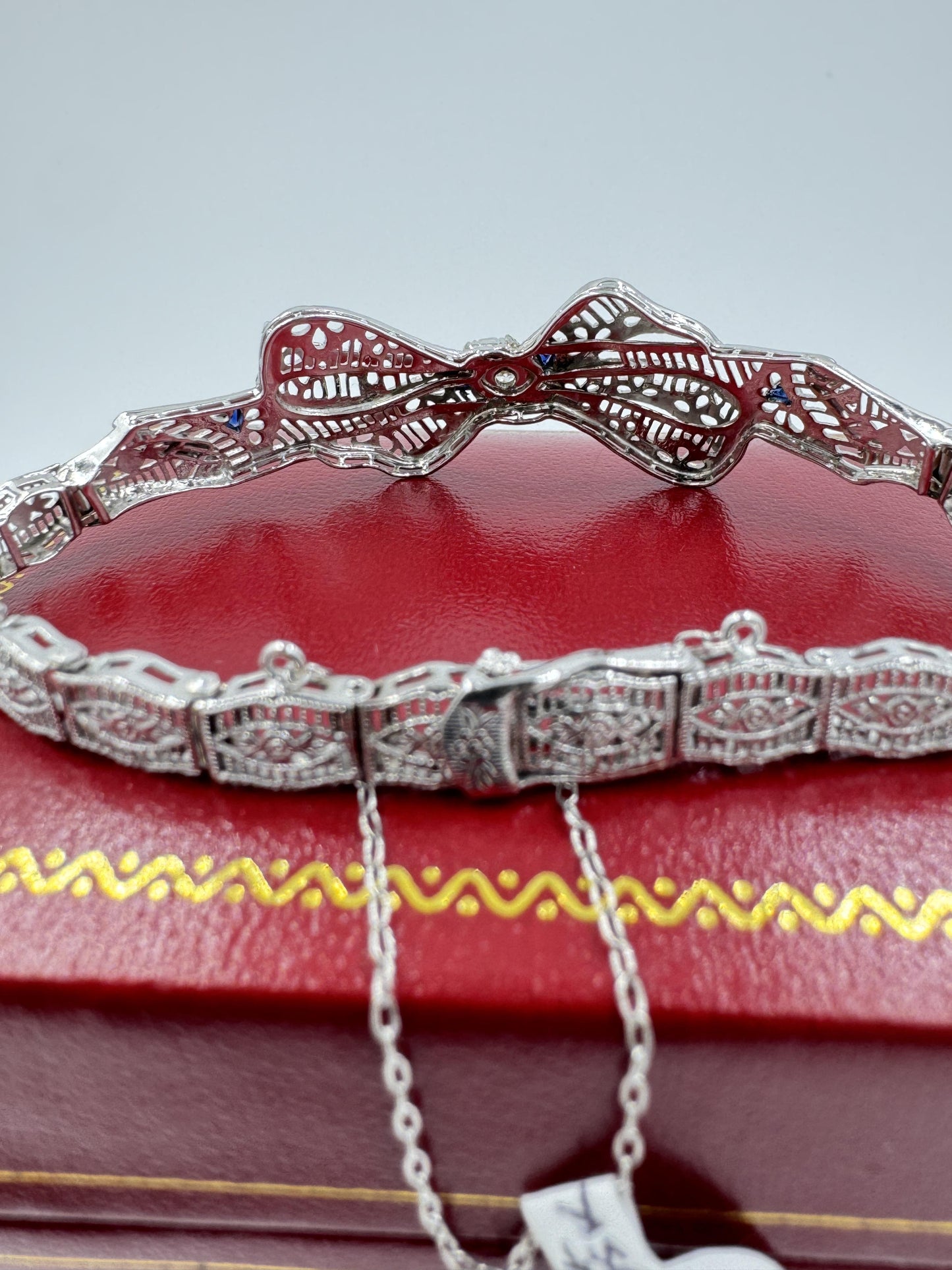 Art Deco 10k White Gold Filigree Diamond Bow Bracelet