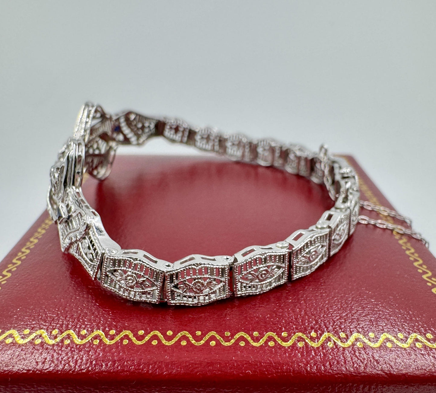 Art Deco 10k White Gold Filigree Diamond Bow Bracelet