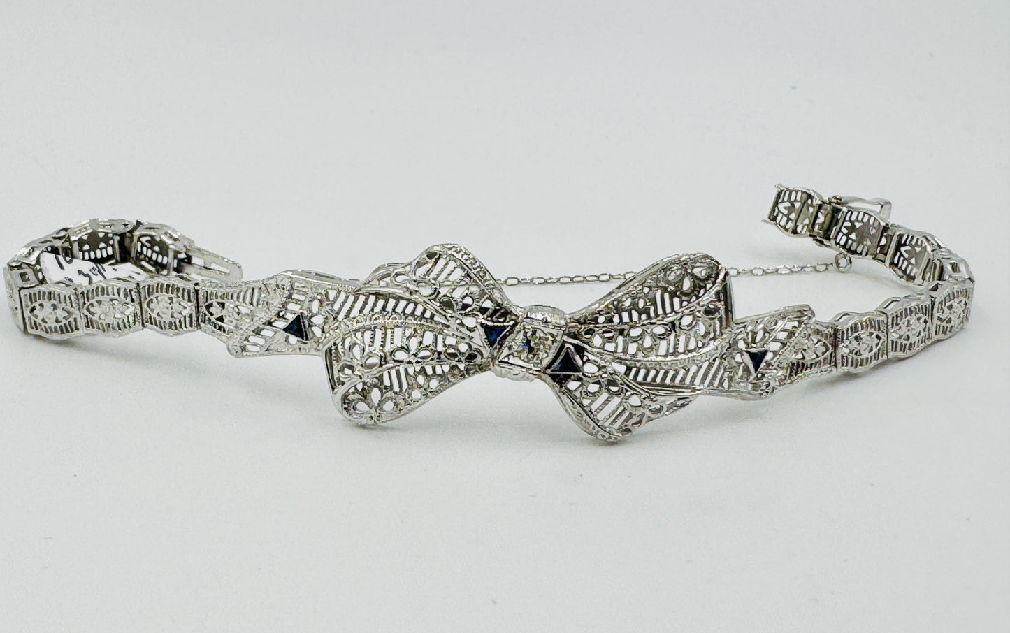 Art Deco 10k White Gold Filigree Diamond Bow Bracelet