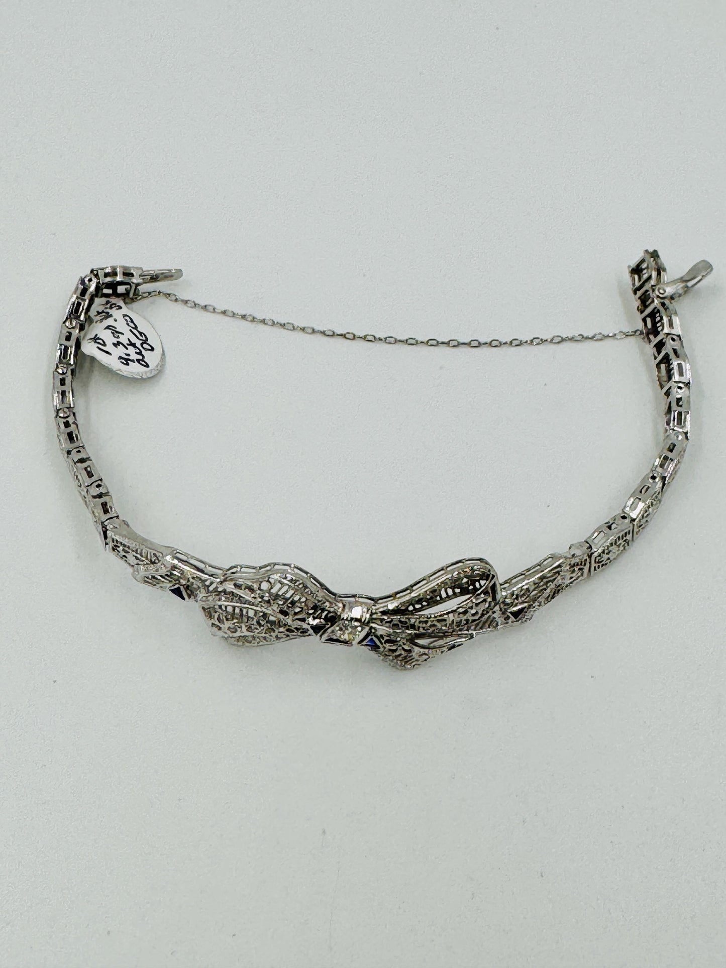 Art Deco 10k White Gold Filigree Diamond Bow Bracelet
