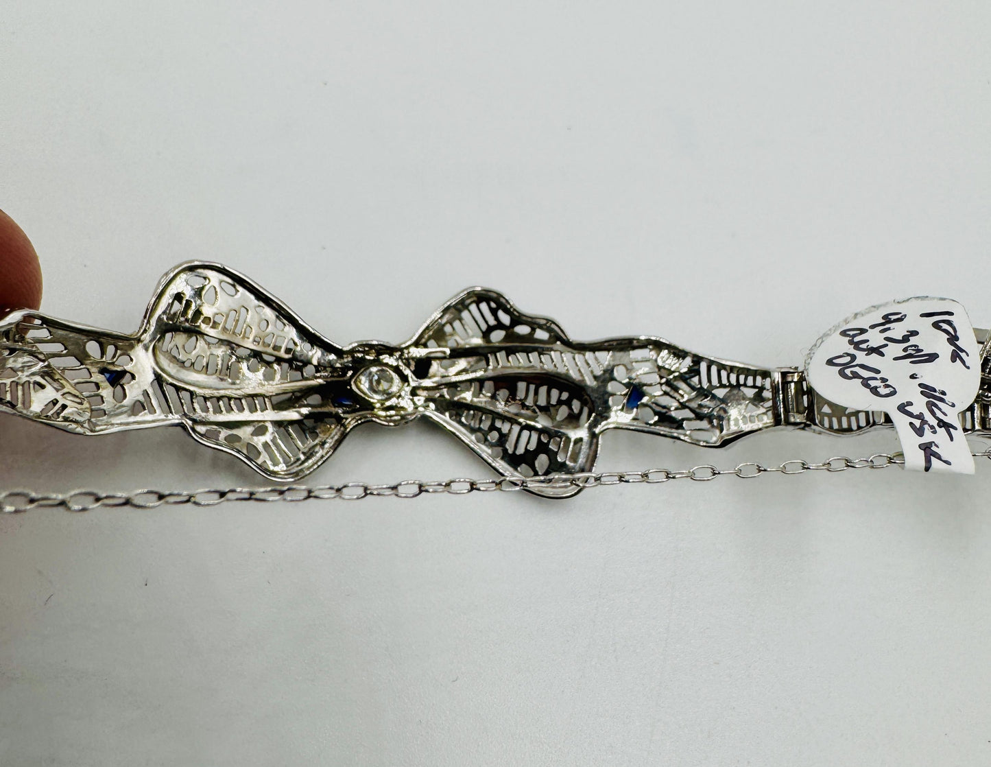 Art Deco 10k White Gold Filigree Diamond Bow Bracelet