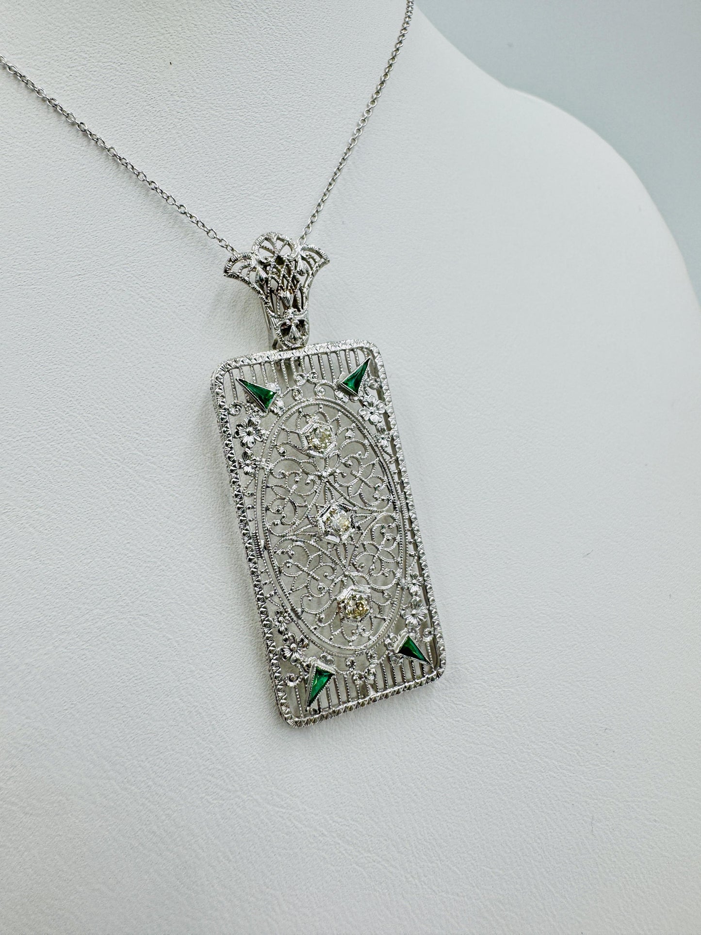 Art Deco 14k White Gold Filigree Diamond Pendant